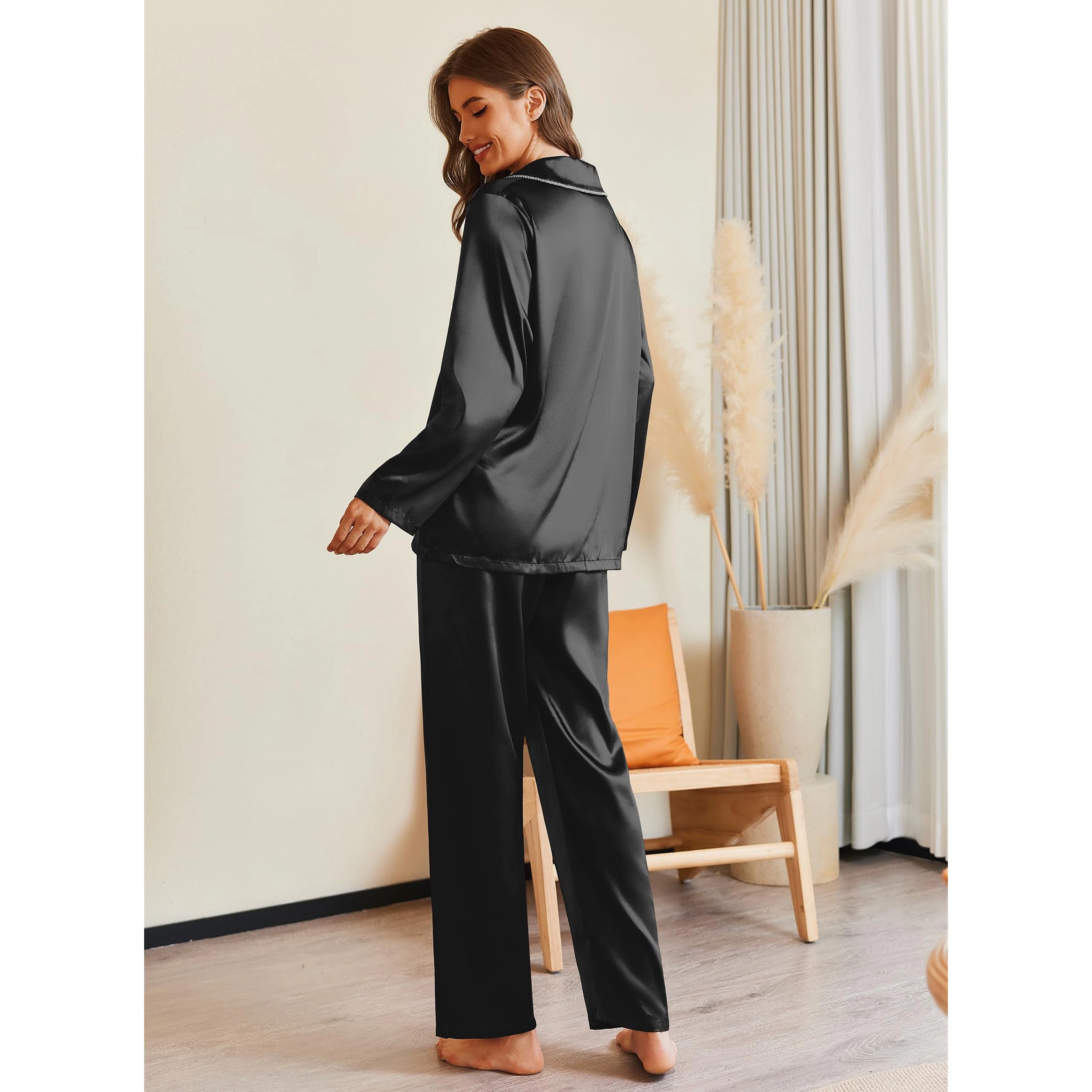 Ekouaer Pajamas Set Silk Two Piece Satin Sleepwear Long Sleeve Button Down With Pant