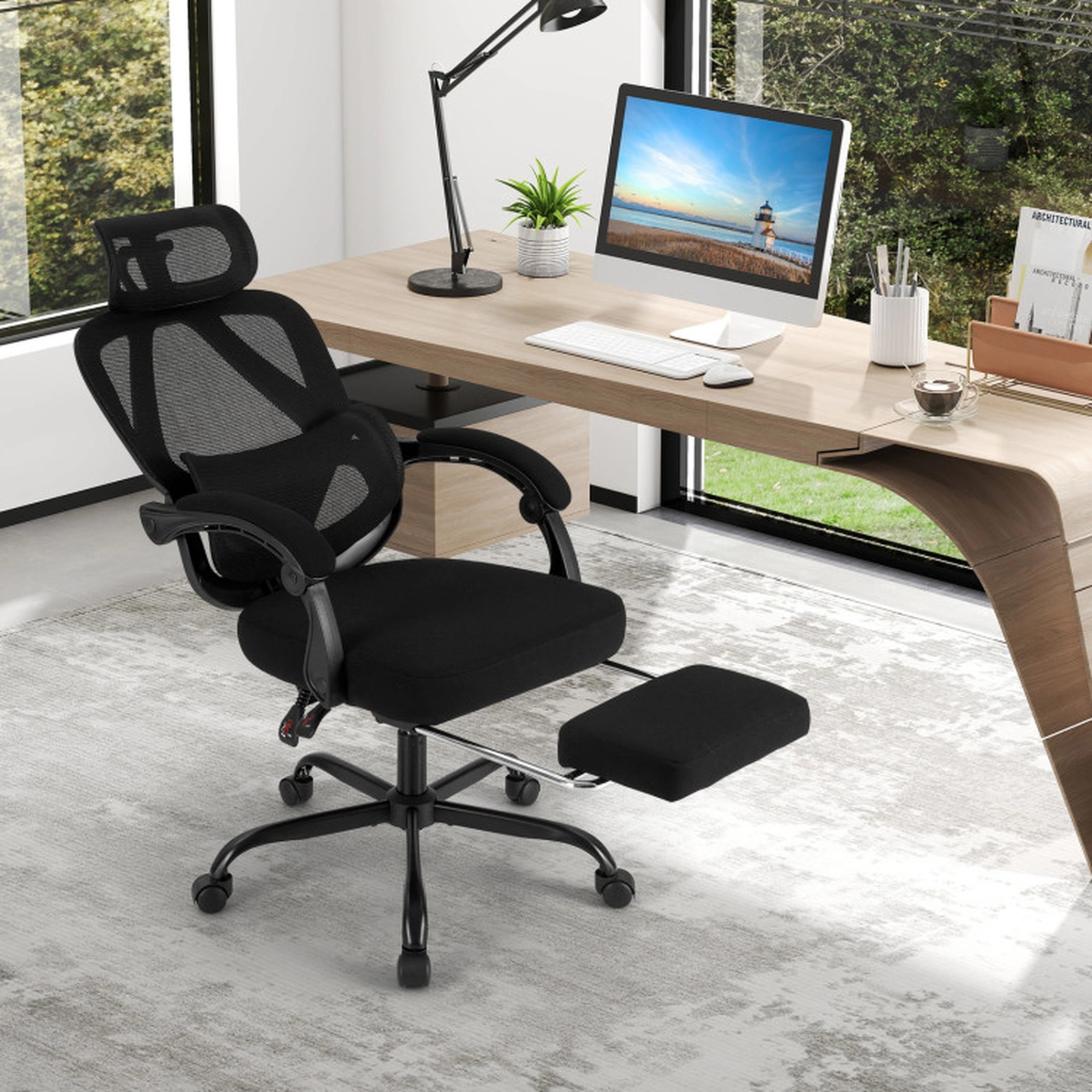 SUGIFT High Back Retractable Footrest Adjustable Lumbar Mesh Office Chair 27.5-in x 27.5-in x 44.5-in 350-lb Black