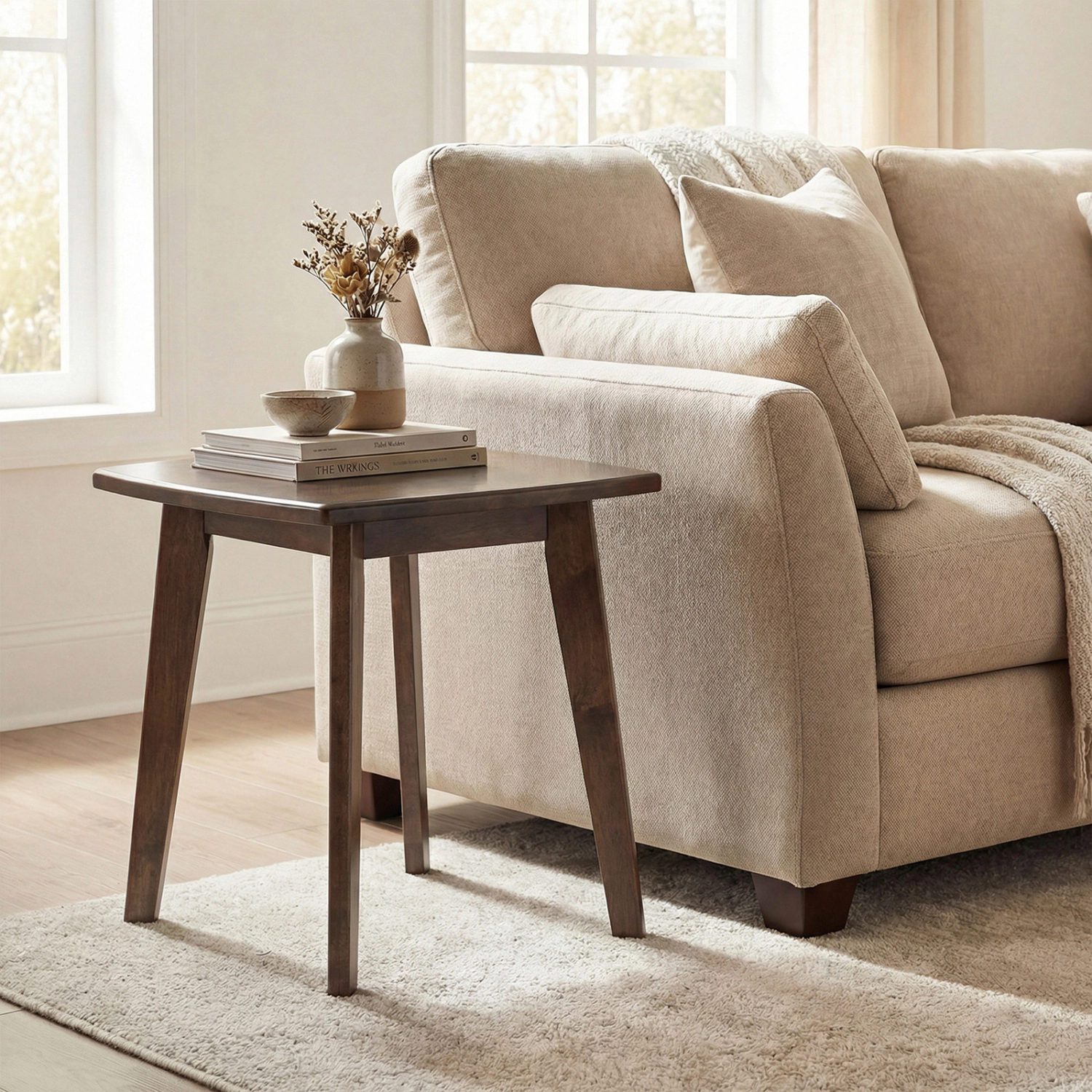 LJG Solid Wood Side Table Square End Table with Thickened Top and Curved Edge