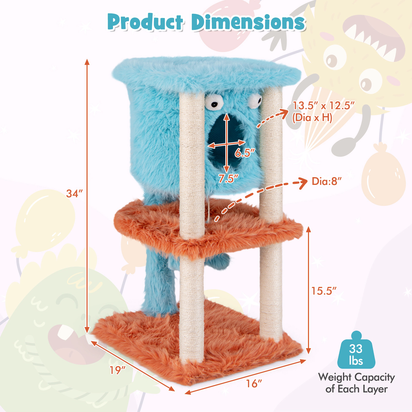 SUGIFT Blue Monster-Themed Cat Tower with Hanging Condo and Long Plush Cover