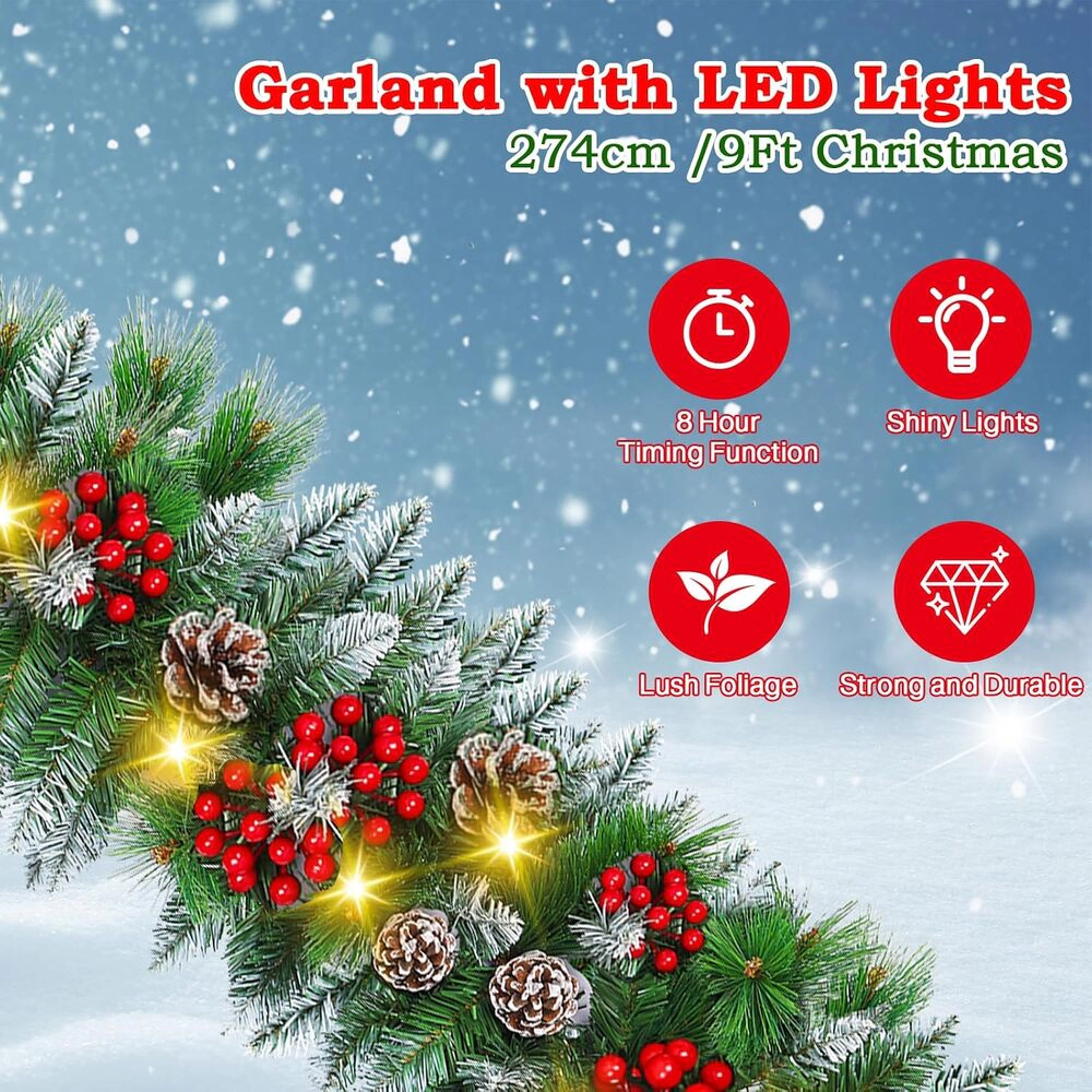 Novsight Trading Unisex Pre-Lit Flocked Christmas Garland with LED Lights 9 ft