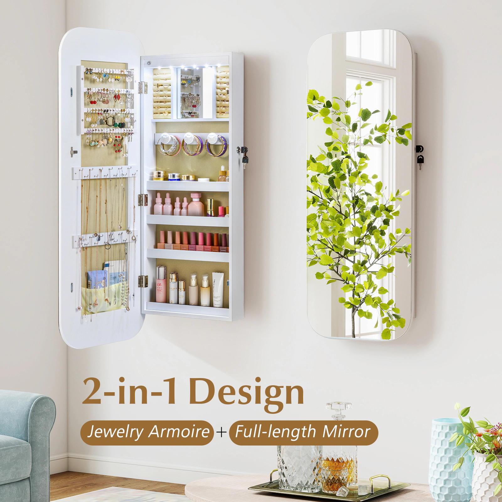 SlickBlue 42.5 Inch Wall or Door Mounted Lockable Jewelry Cabinet with Full-Length Mirror and LED Lights