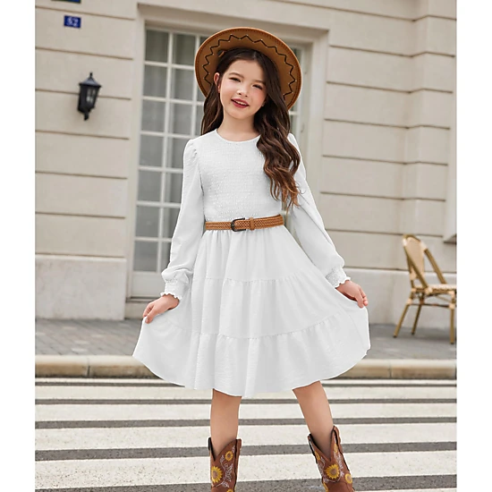 Arshiner Girls Dress Fall Boho Long Sleeve Shirred Smocked Tiered Party Dresses With Pockets