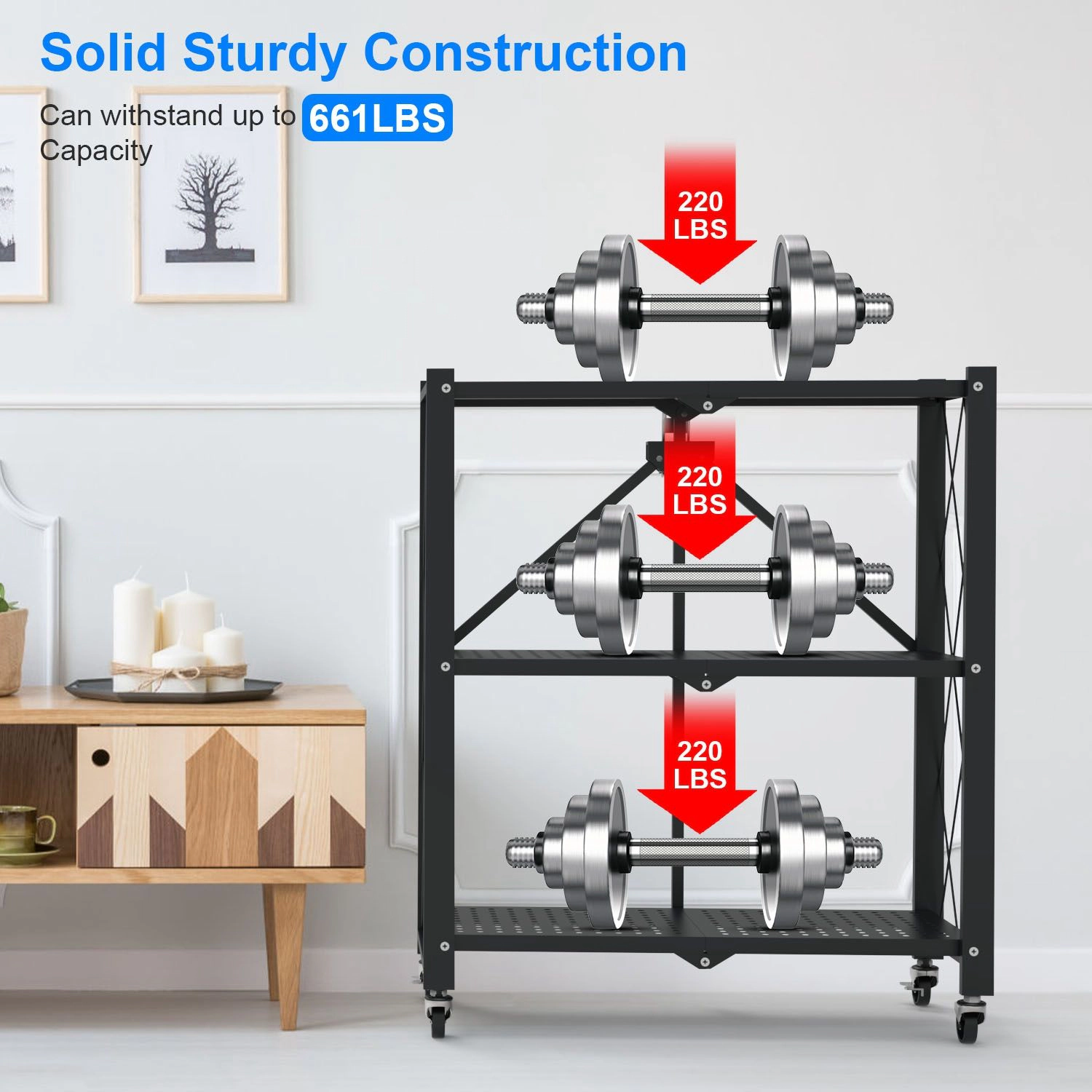 Flynama 3 Tier Foldable Shelving with Lockable Wheels No Assembly Rolling Utility Rack for Kitchen Pantry and Bedroom