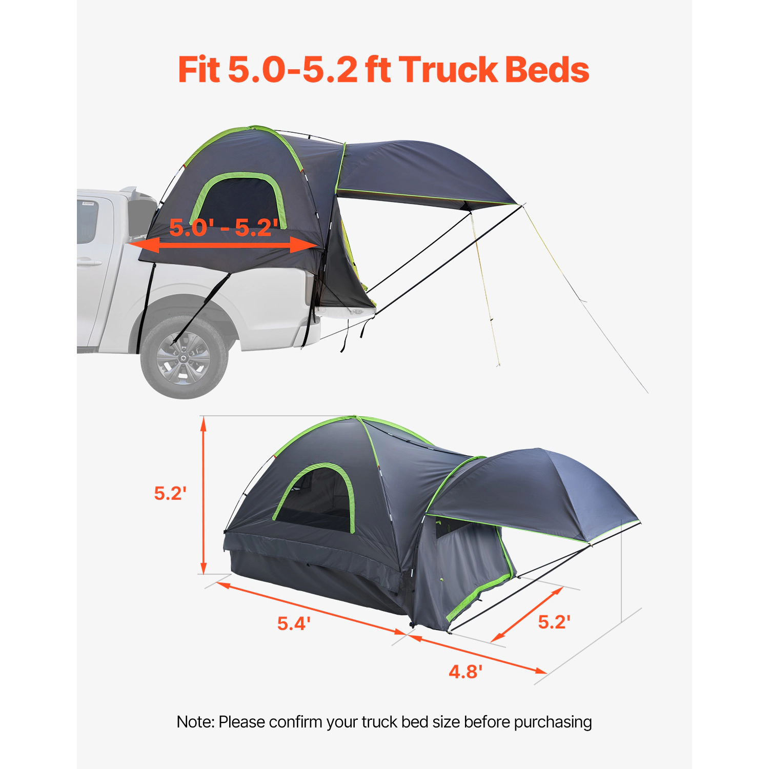 HONGGE Pickup Truck Tent for 5.0-5.2 ft Beds, Waterproof PU2000 Tent for 2-3 Person with Awning, Rainfly & Storage Bag