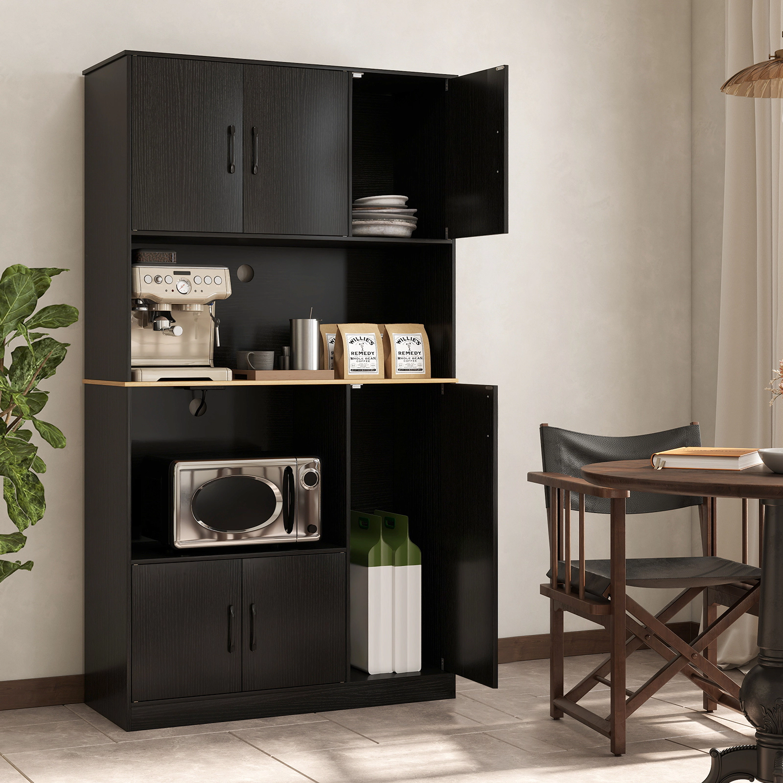 LJG 71" Tall Kitchen Pantry Cabinet with Charging Station Wooden Buffet Cupboard Sideboard