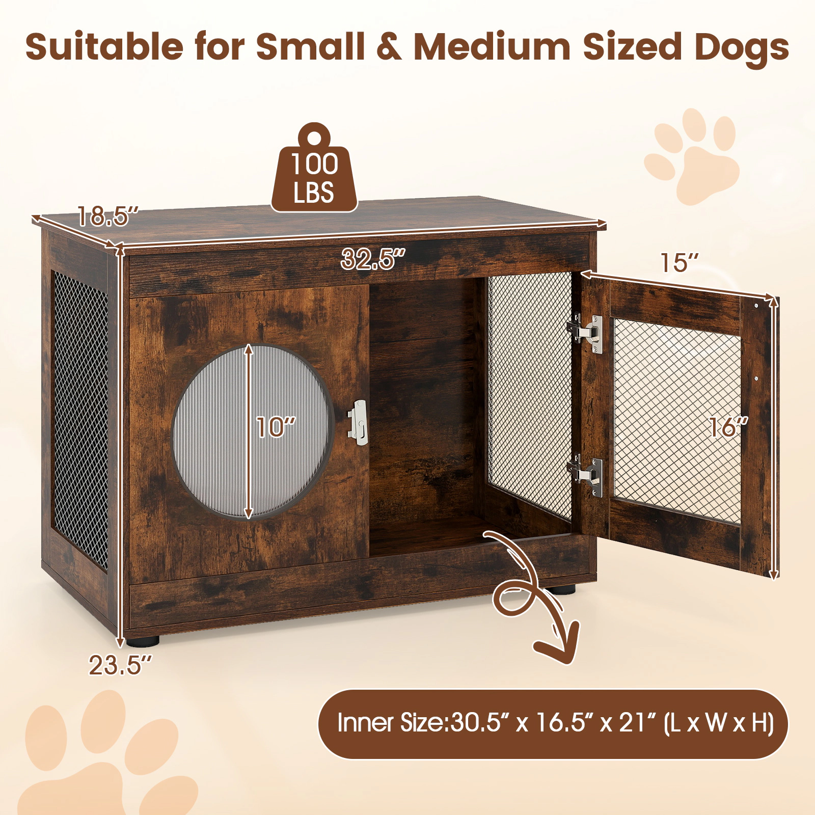 SUGIFT Rustic Brown Furniture Dog Crate with PC Window 32.5-in W 18.5-in D 23.5-in H 100-lb Tabletop Capacity
