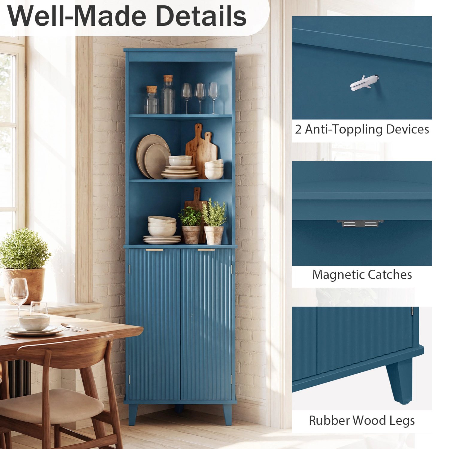 Glintex 68-Inch Painted Corner Cabinet with Fluted Doors and 3 Open Shelves