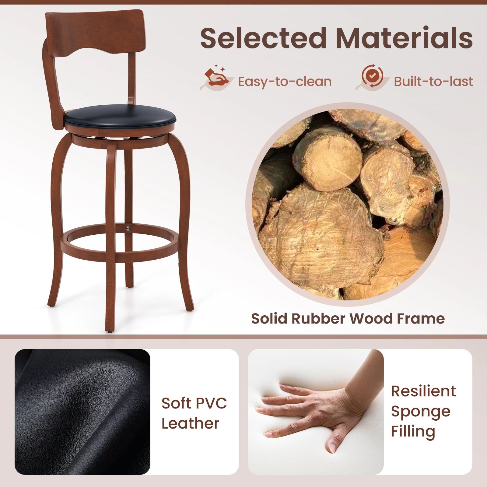 SUGIFT Set of 2 Rubber Wood Frame and PVC Seat 29.5-in Seat H Swivel 280-lb Rated Bar Stools Brown