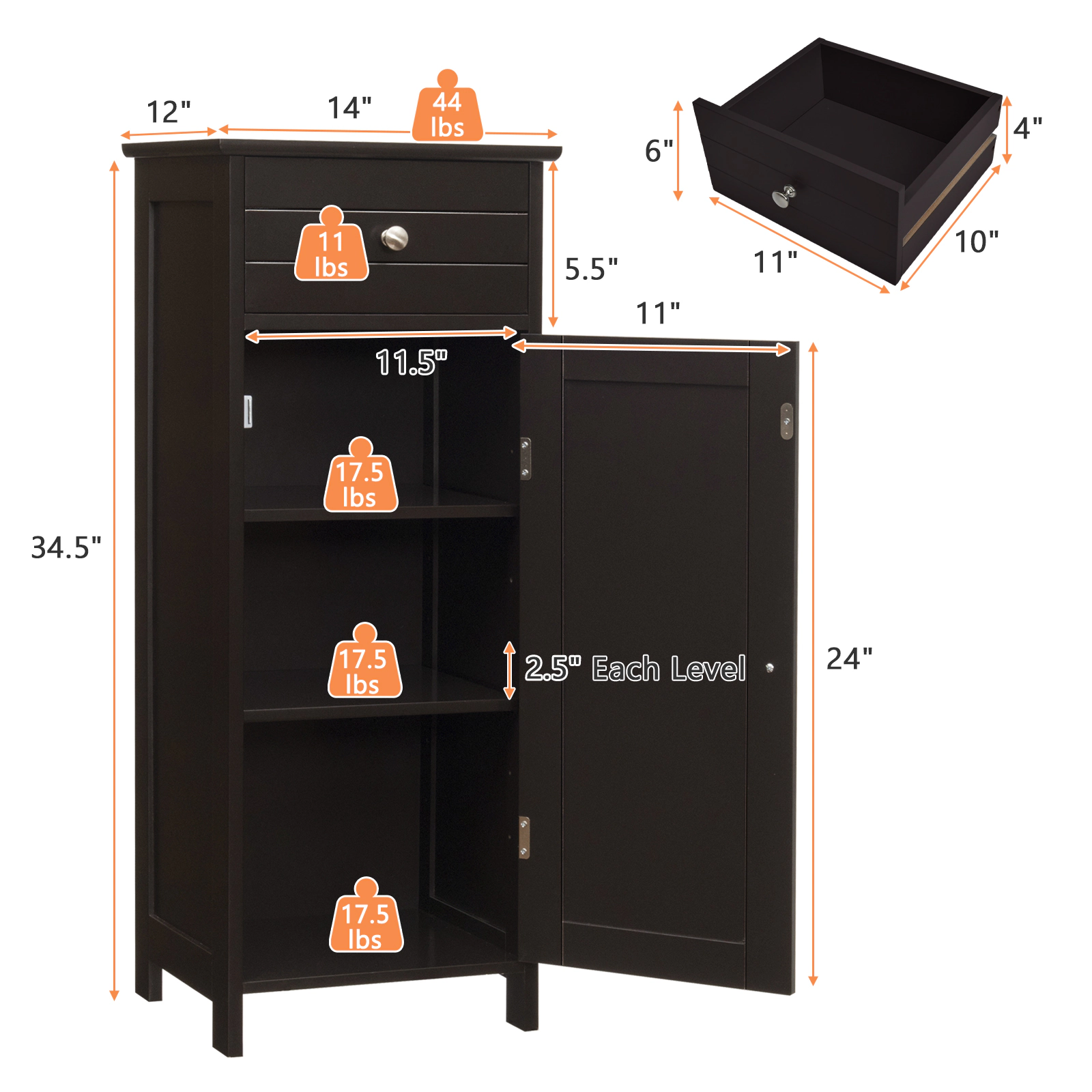 SUGIFT Wooden Storage Free-Standing Floor Cabinet with Drawer and Adjustable Shelves 132-lb Capacity Brown