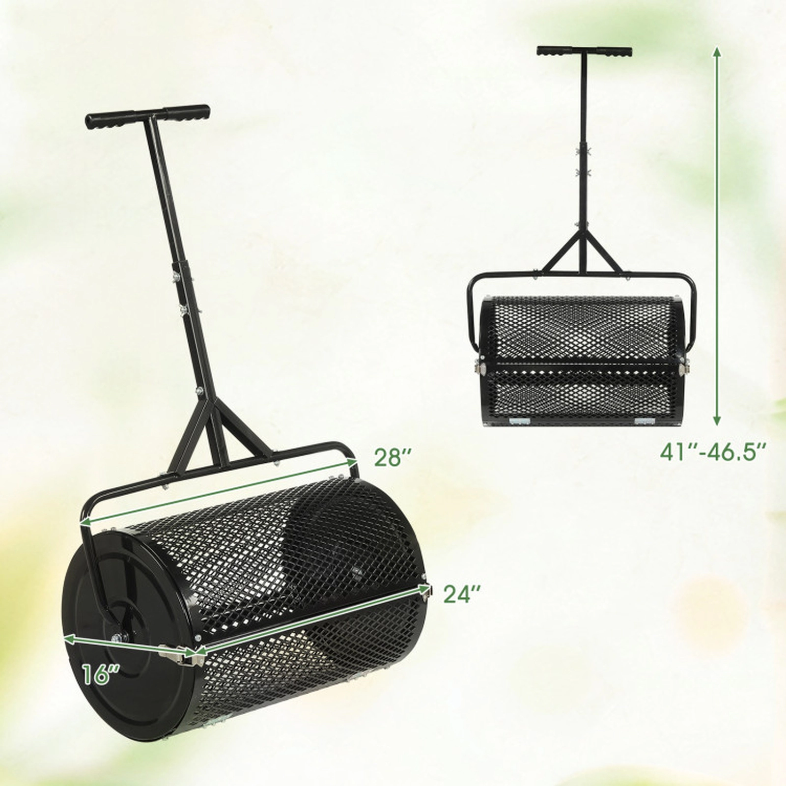SUGIFT 2.7 Cu.ft Compost Spreader Peat Moss Spreader Roller with Height-Adjustable T-Shaped Handle Black/Green/Orange