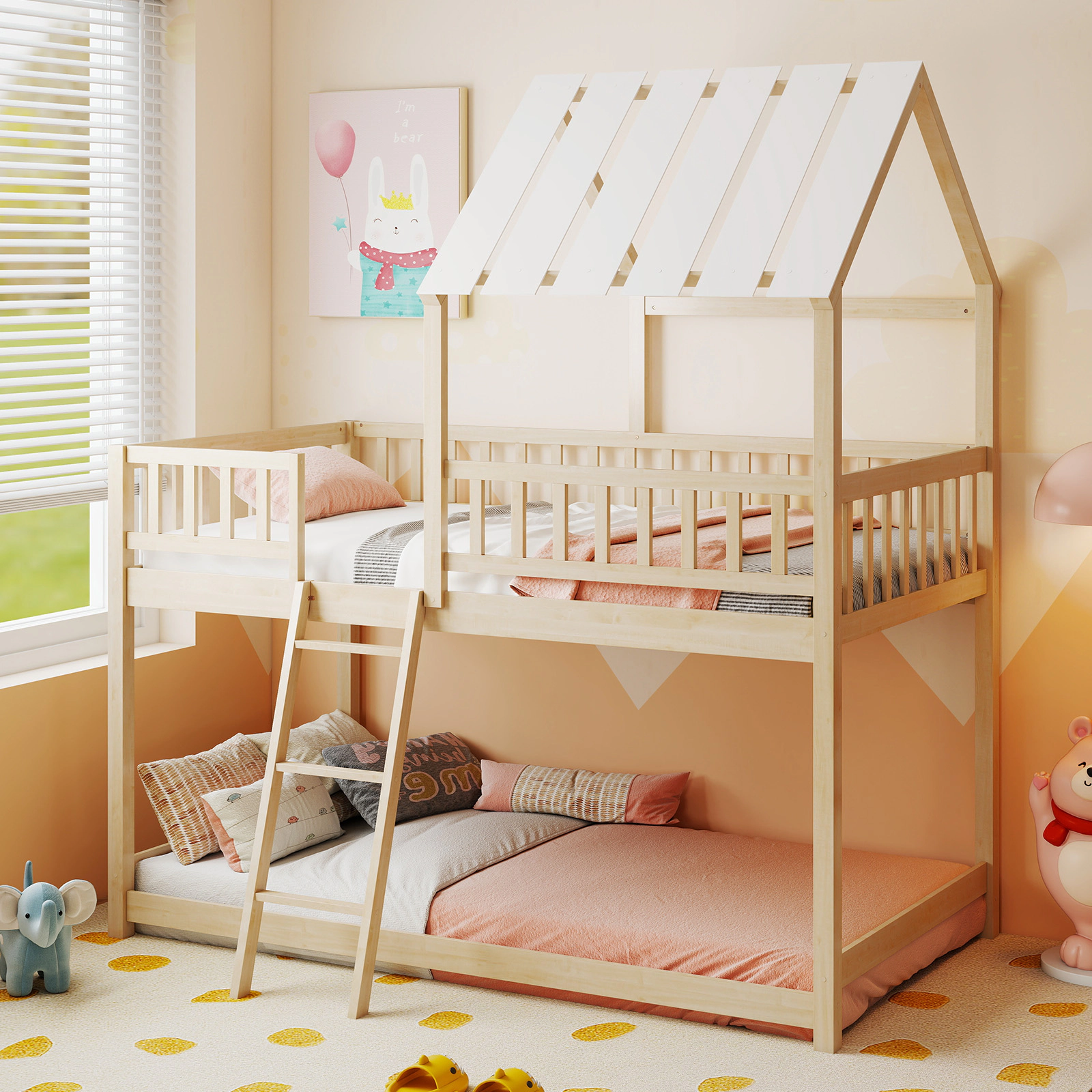 Twin Over Twin House Bunk Bed with Roof and Full-Length Guardrails Solid Pine Wood Kids Bunk Bed Natural