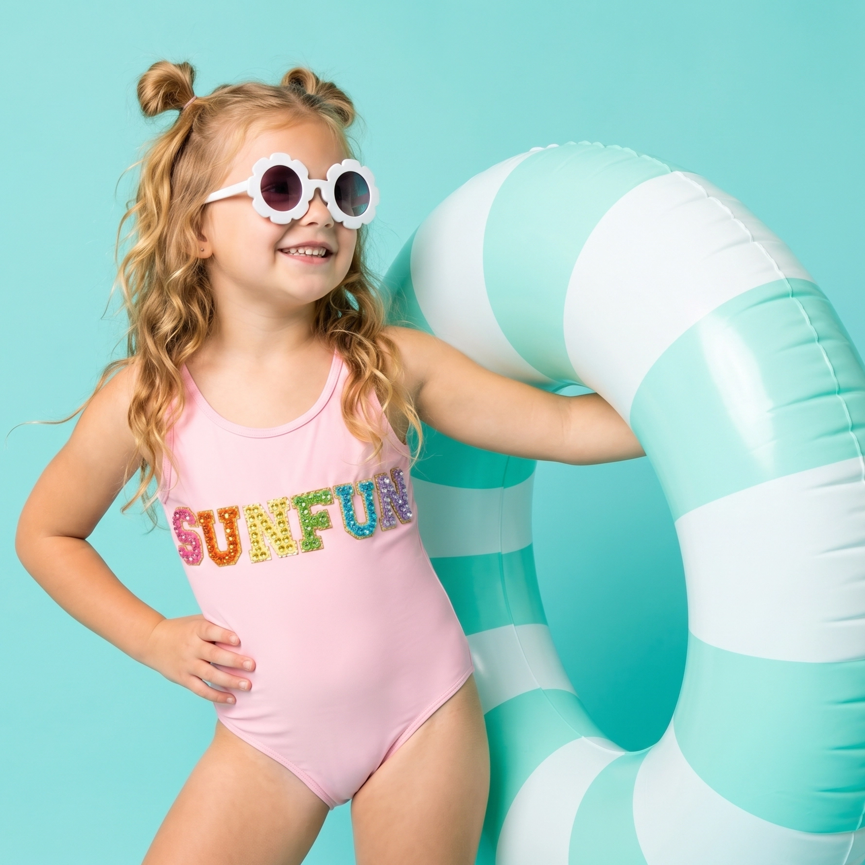 2Bunnies Girls' Rhinestone Sequin Letter One-Piece Swimsuit