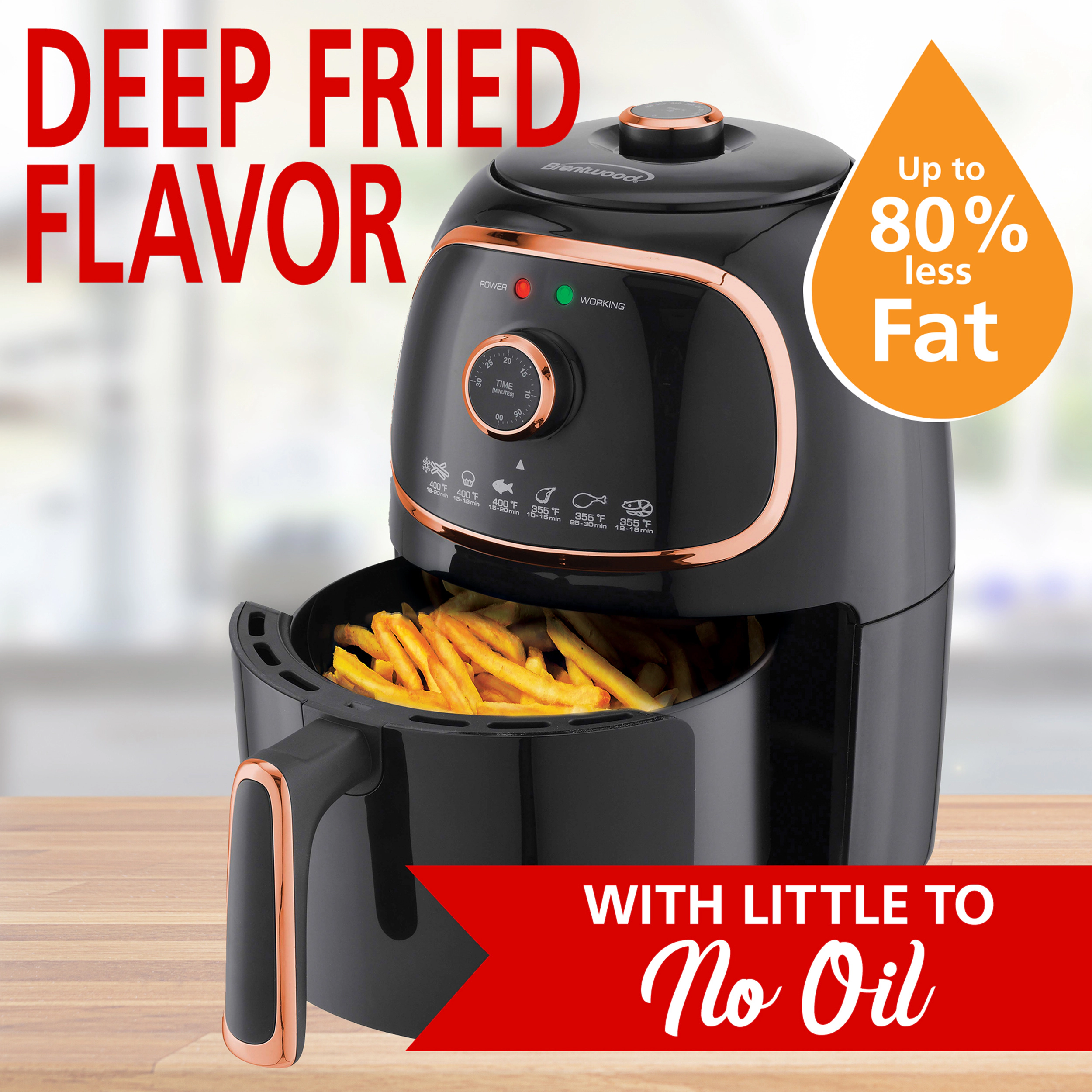 Brentwood AF-202BK 2 Quart Small Electric Air Fryer Copper with Timer and Temp Control