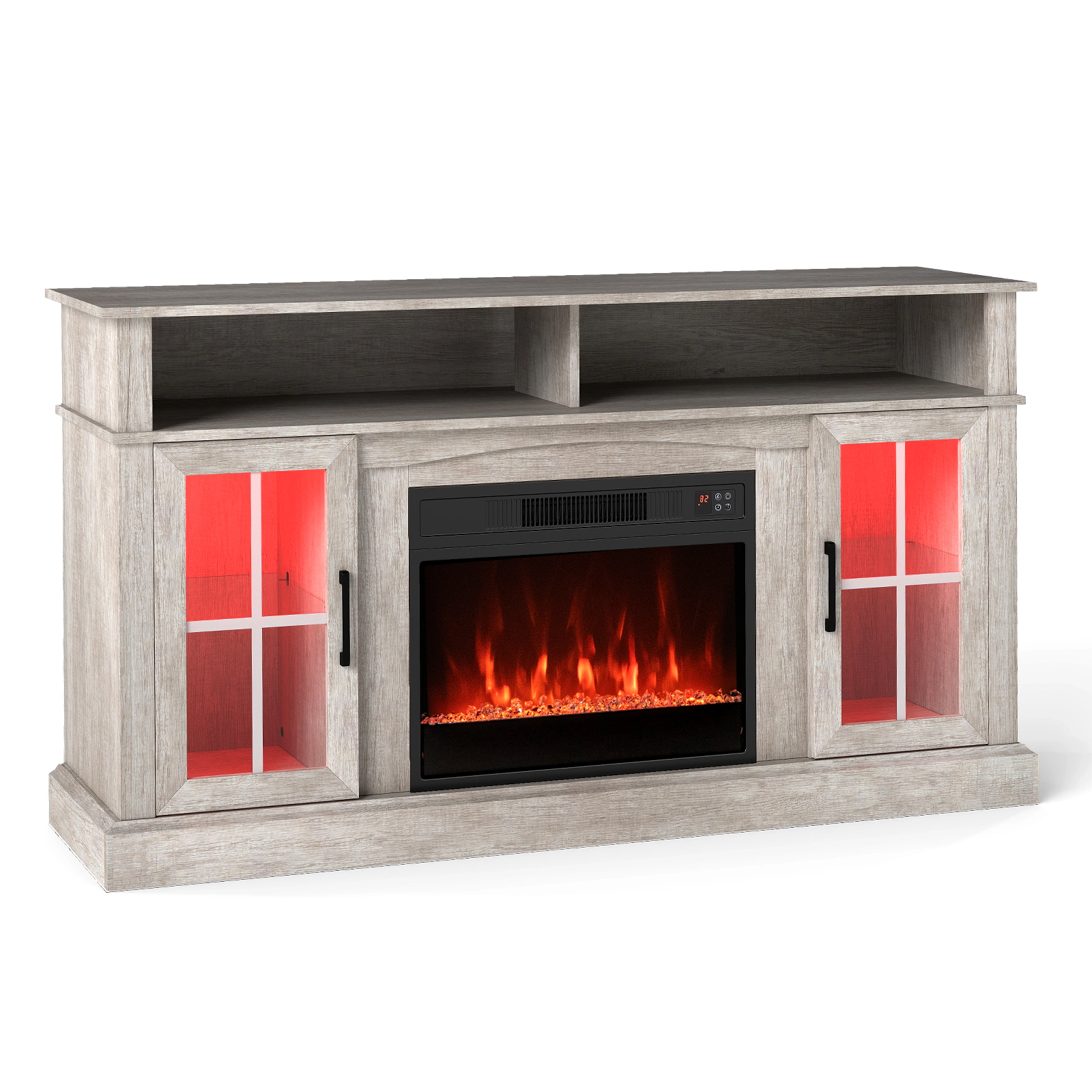 LJG 58 Inch Fireplace TV Stand with LED Lights Storage Cabinets and Glass Doors