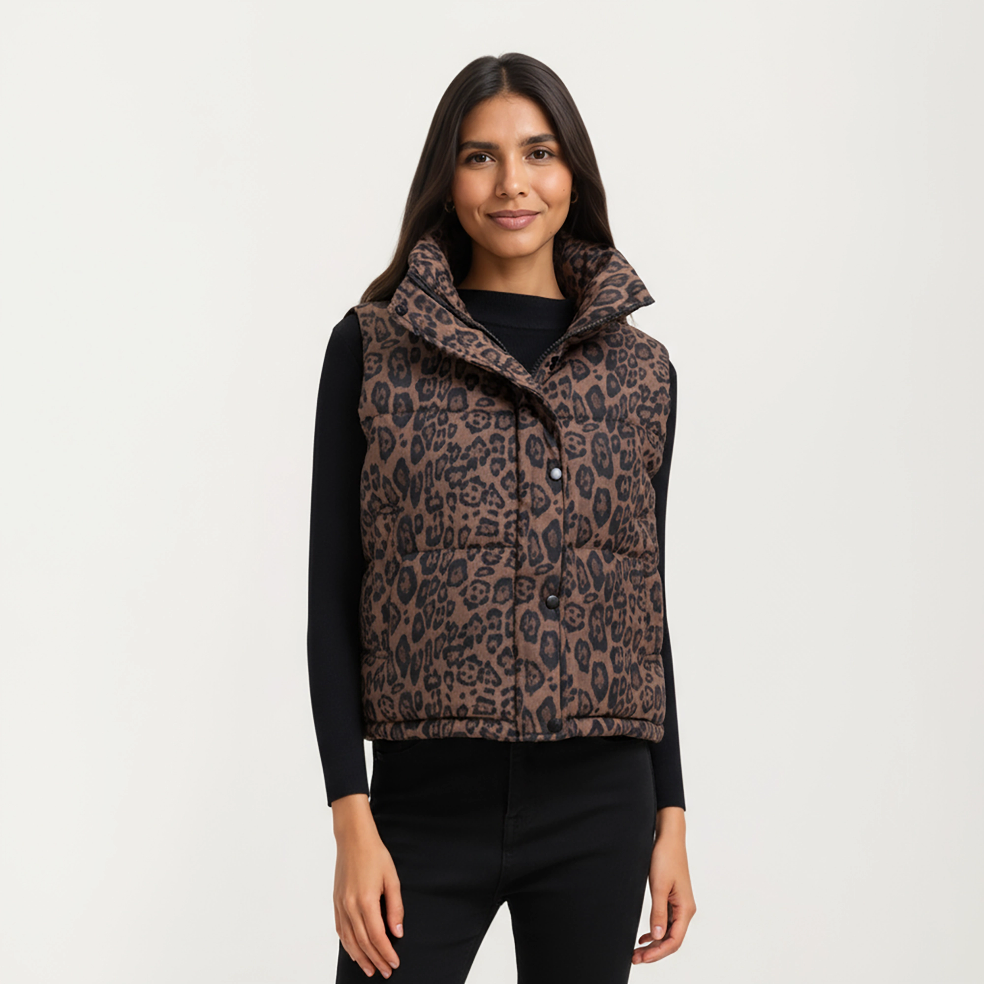 Anna-Kaci Women's Leopard Print Puffer Vest with High Stand Collar and Quilted Soft-Padded Body