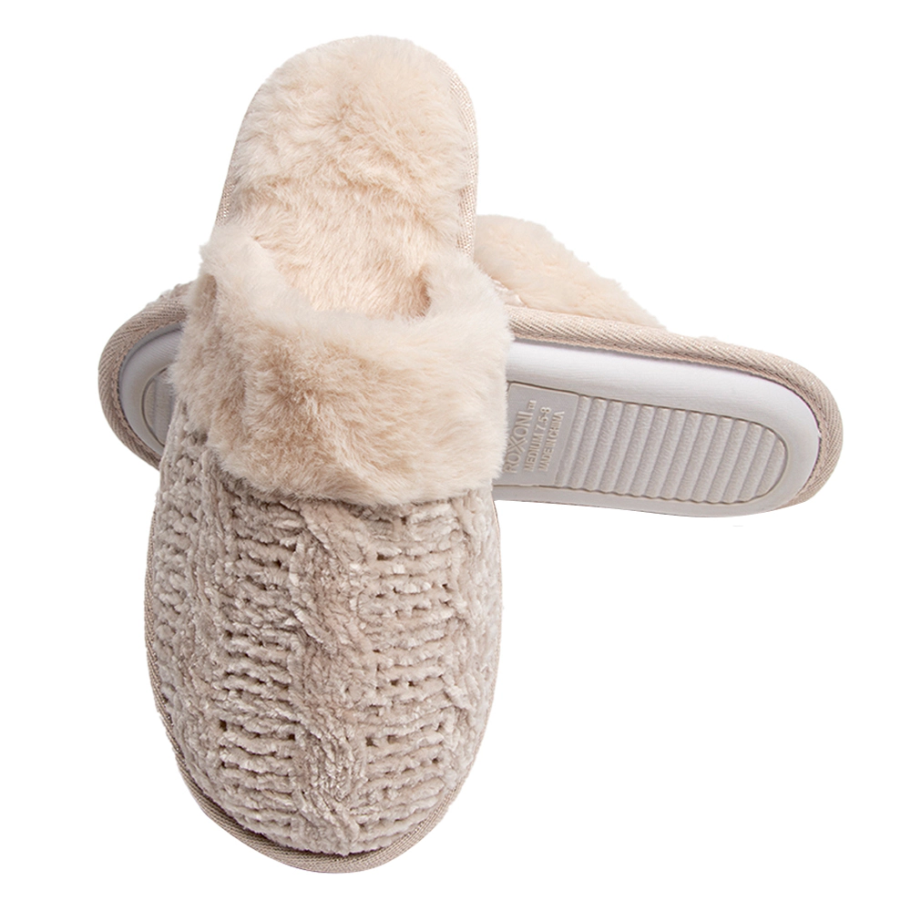 Roxoni Women’s Faux Fur Trim Clog Slippers with Sweater Knit Upper, Comfortable Indoor House Shoes