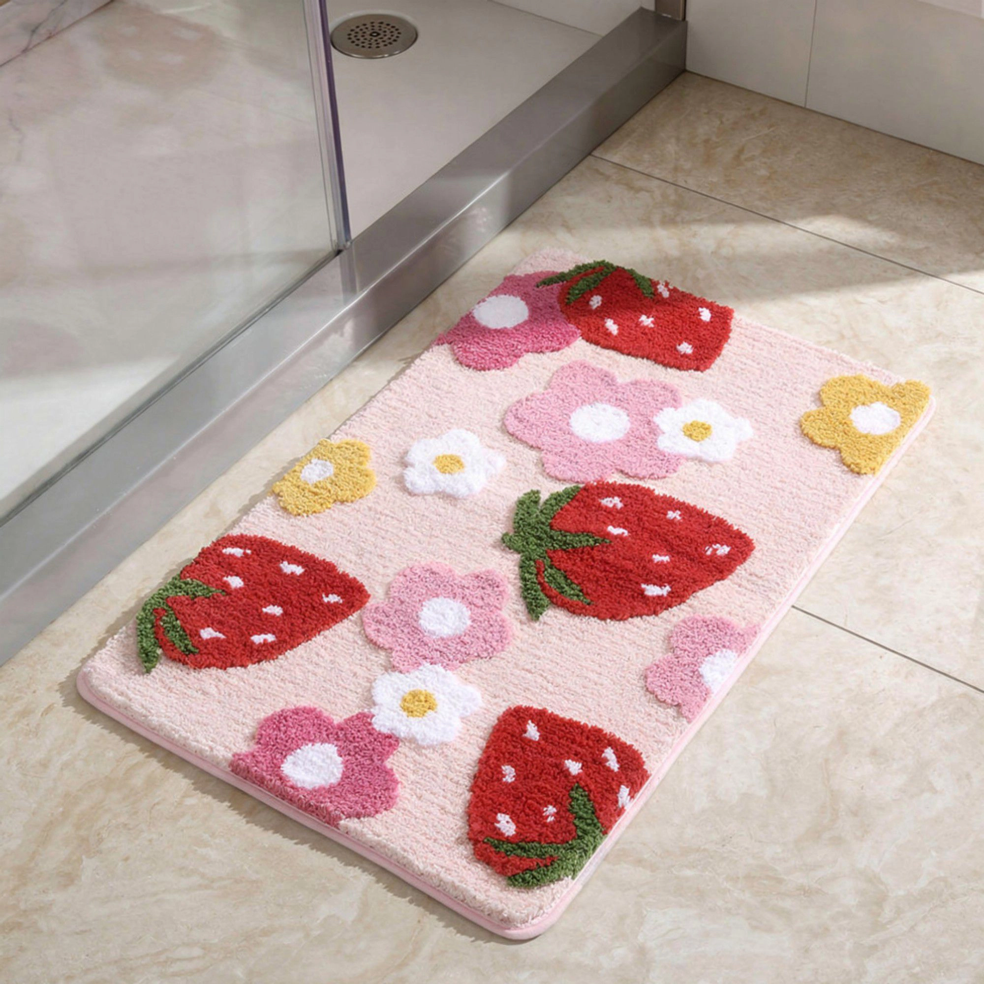 Alilang Unisex Strawberry and Floral Pattern Soft Absorbent Bathroom Floor Mat with Non Slip Backing