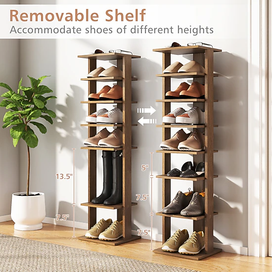 Glintex 7-Tier Narrow Shoe Tower with Classified Shelf Spacing for Entryways, Natural
