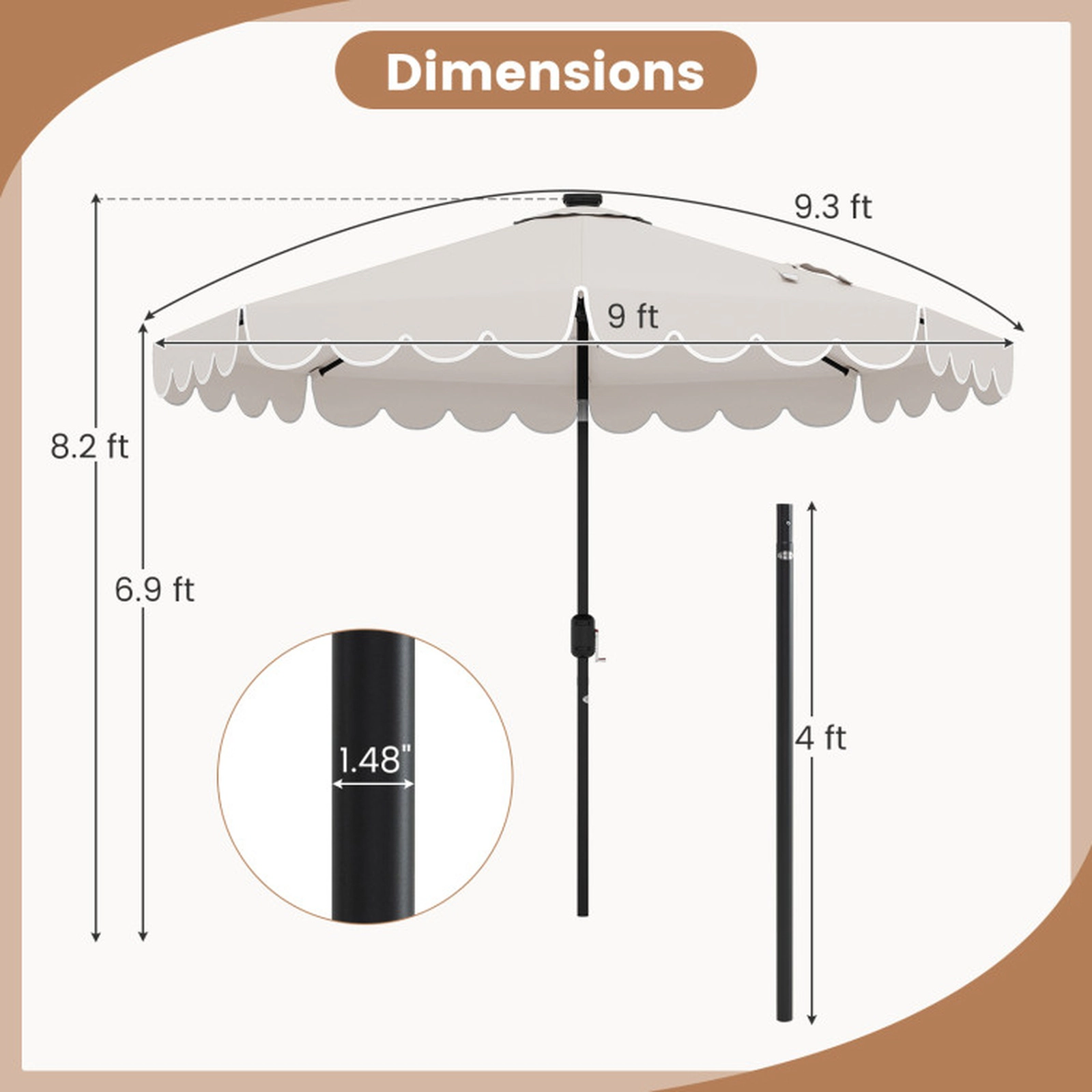 SUGIFT 9.3-ft Solar Patio Umbrella with 24 LED Lights Vented Top Ruffled Edges 9.3 x 8.2 in Polyester Canopy Beige