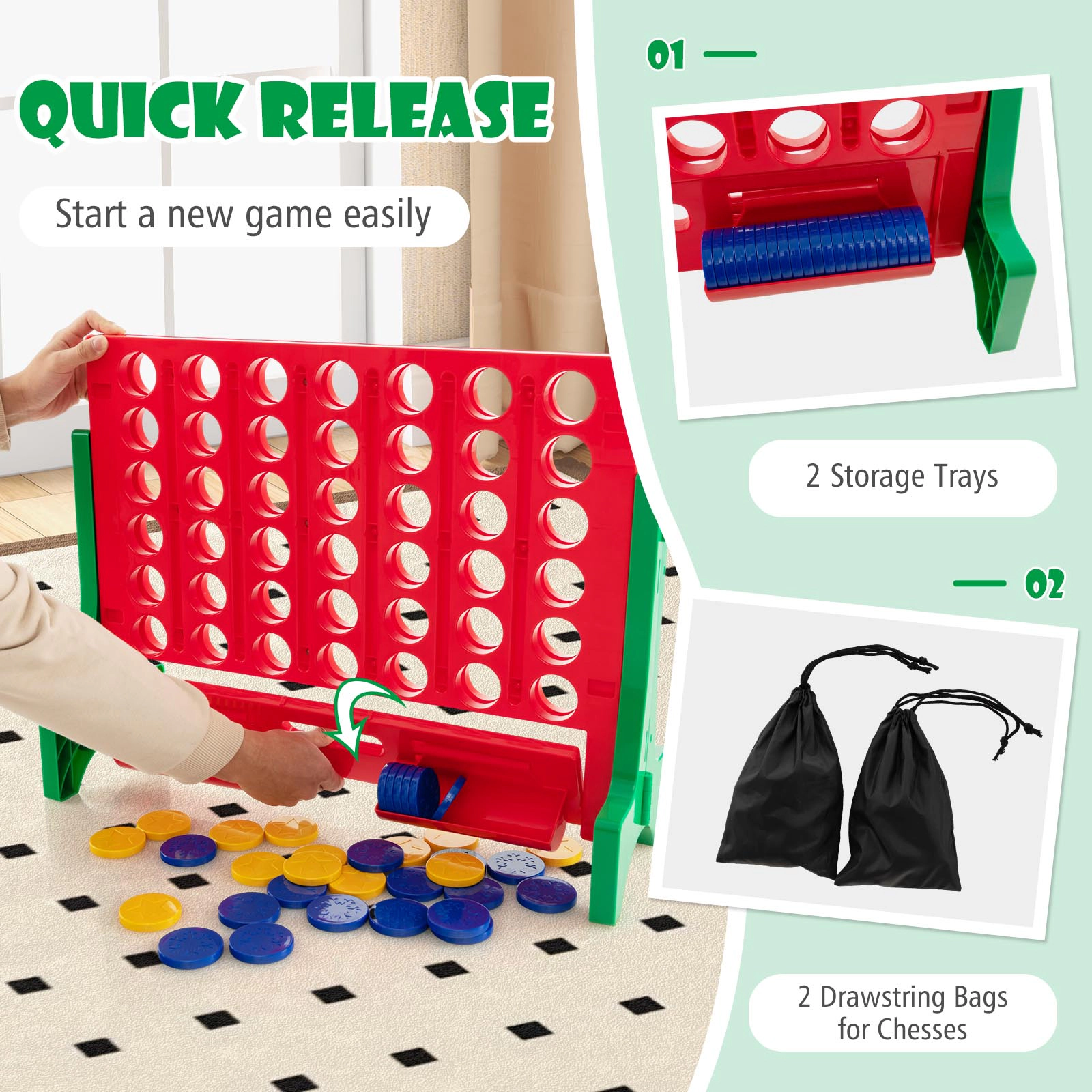 SUGIFT Jumbo 4-to-Score Connect Game Set with Carrying Bag and 42 Coins Tabletop or Wall-Mounted Board Green
