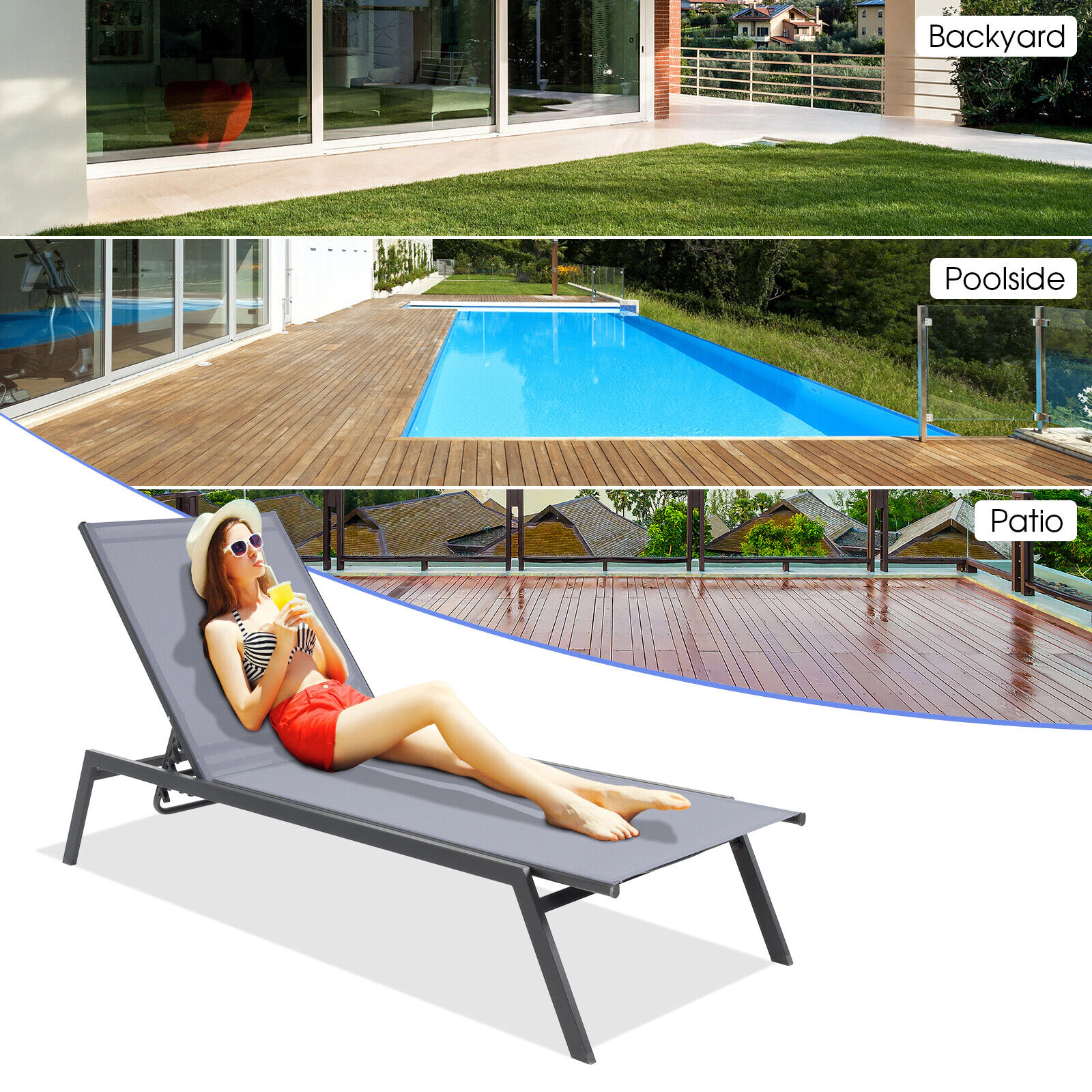 LJG Outdoor Adjustable Chaise Lounge Chair with Lay Flat Position and Quick-Drying Fabric