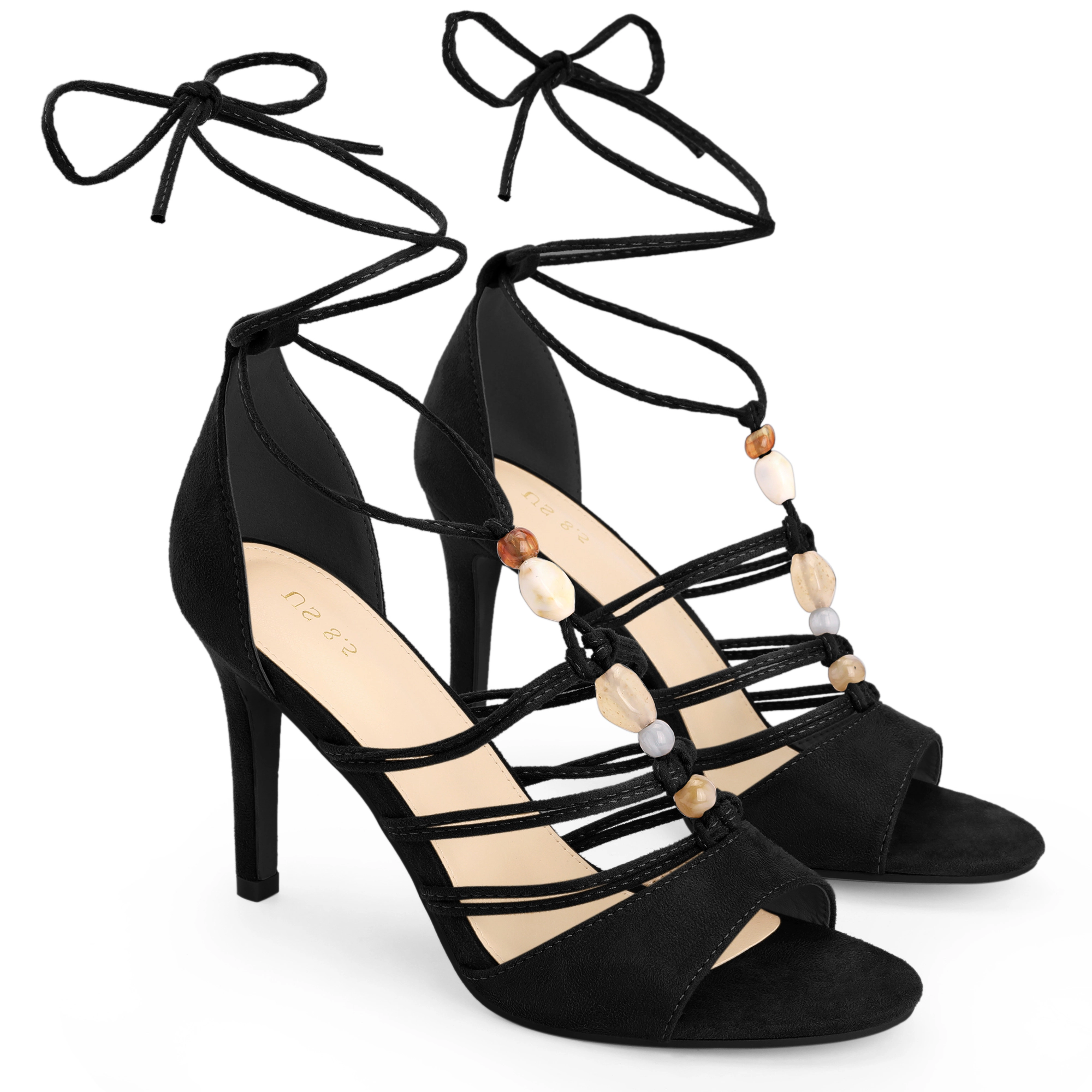 BLISSFUL STEP Women's Bohemia Bead Lace Up Strappy Stiletto Heel Party Sandals