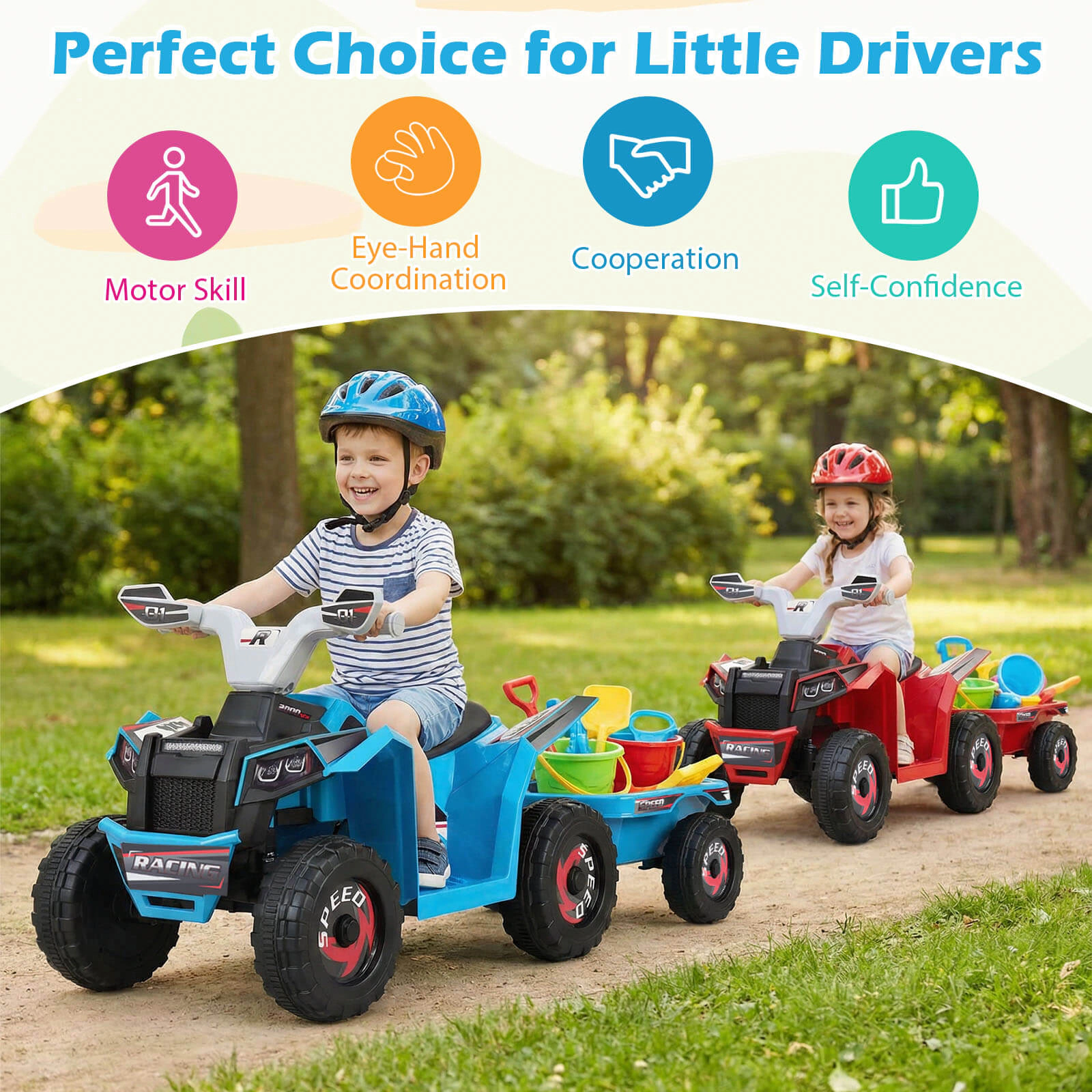 Costway Kids Electric ATV Car, 6V Battery-Powered Ride on Toy with Removable Back Trailer