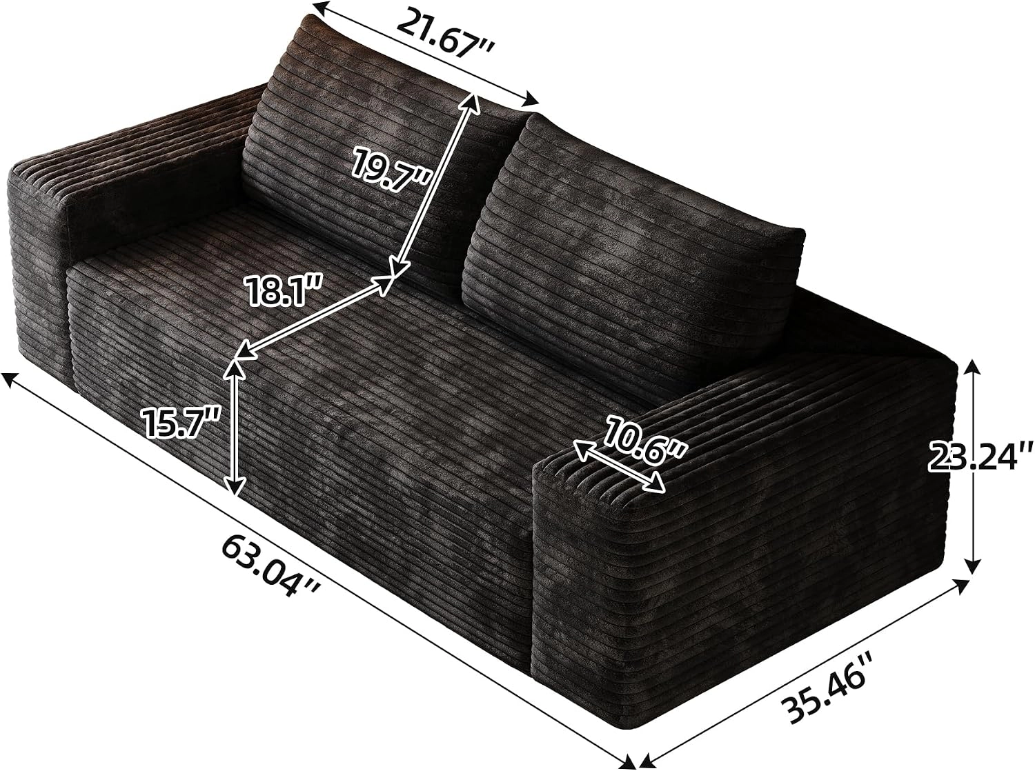 RENDGO 63 inch Black Small Boneless Cloud Loveseat Sofa with Chaise for Living Room No Assembly Required