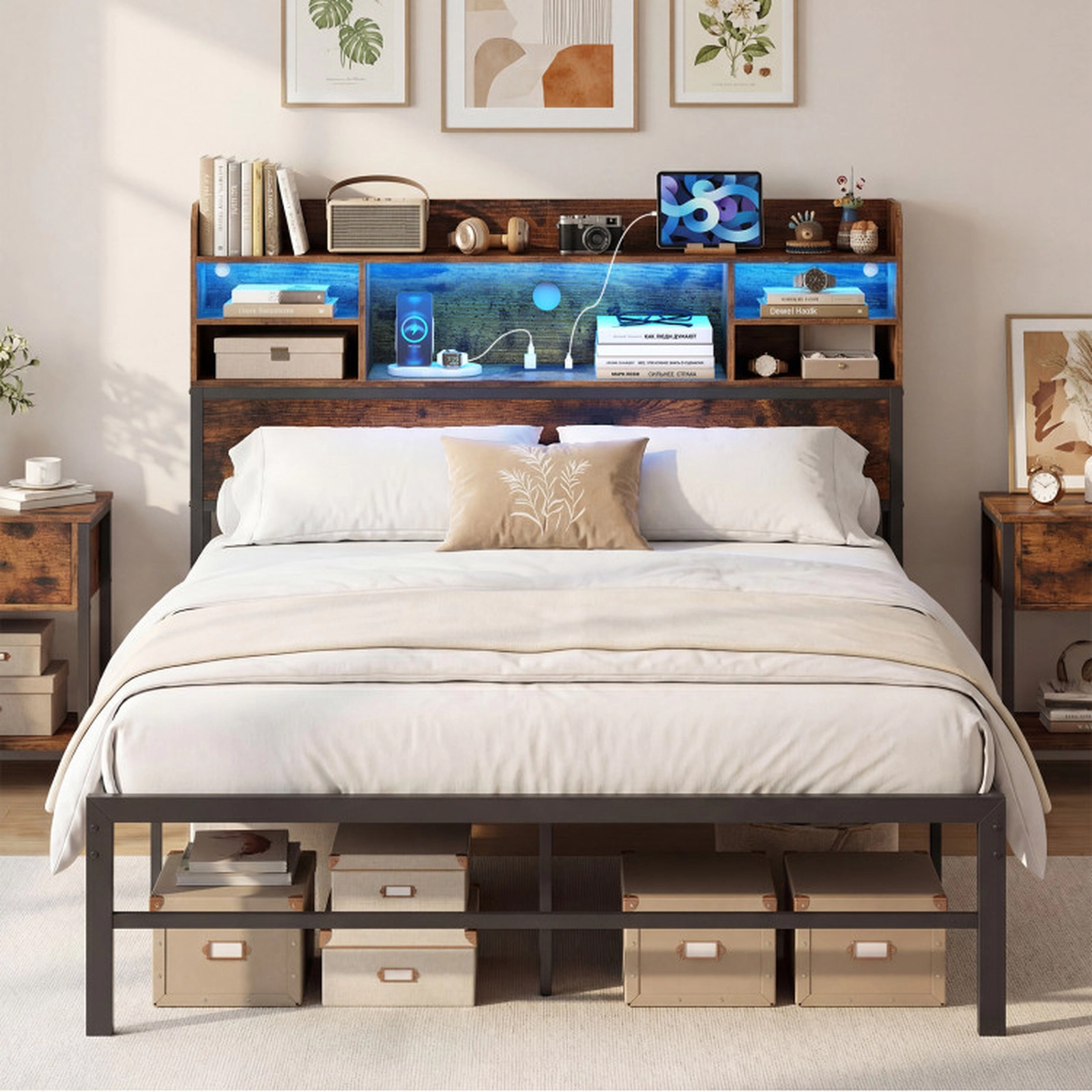 SUGIFT Full Size Bed Frame with Storage Headboard RGB LED Lights & Charging Station 660-lb Capacity Rustic Brown & Black