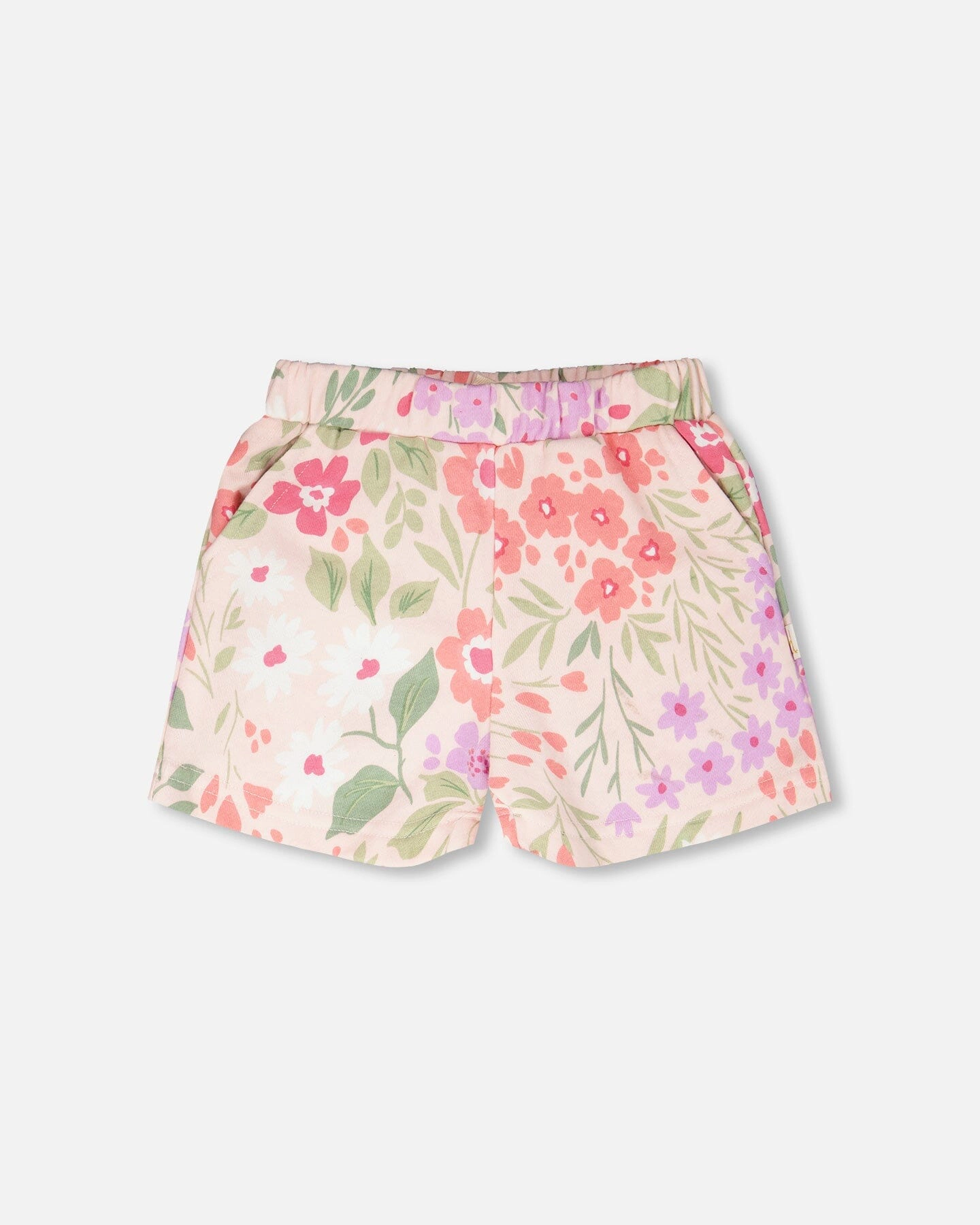 Deux par Deux Girls Flower Print French Terry Elastic Waist Slant Pocket Shorts