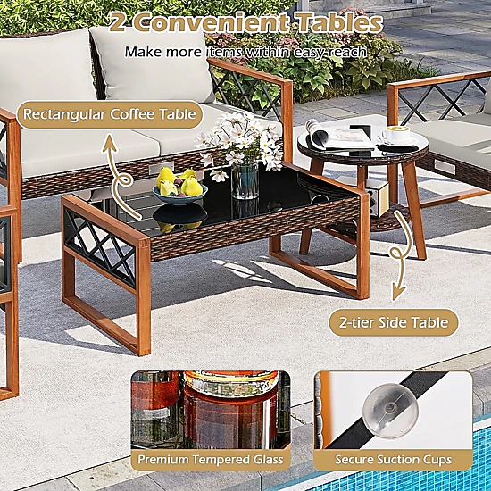 SUGIFT 5 Piece PE Wicker Patio Furniture Set with Acacia Wood Frame Loveseat and 2 Tables