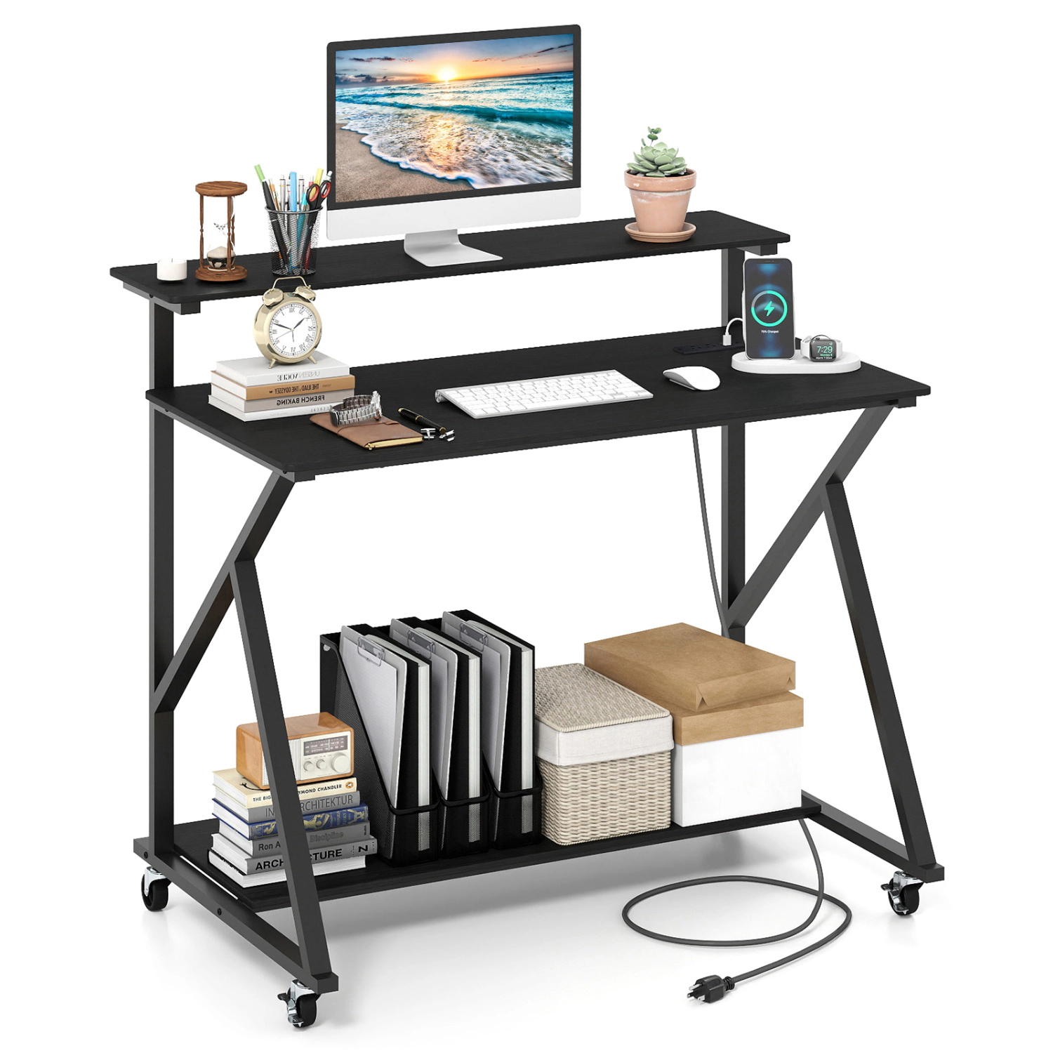SUGIFT Rolling Computer Desk with Charging Station and Monitor Shelf 155-Lb Tabletop Capacity Rustic Brown/Black
