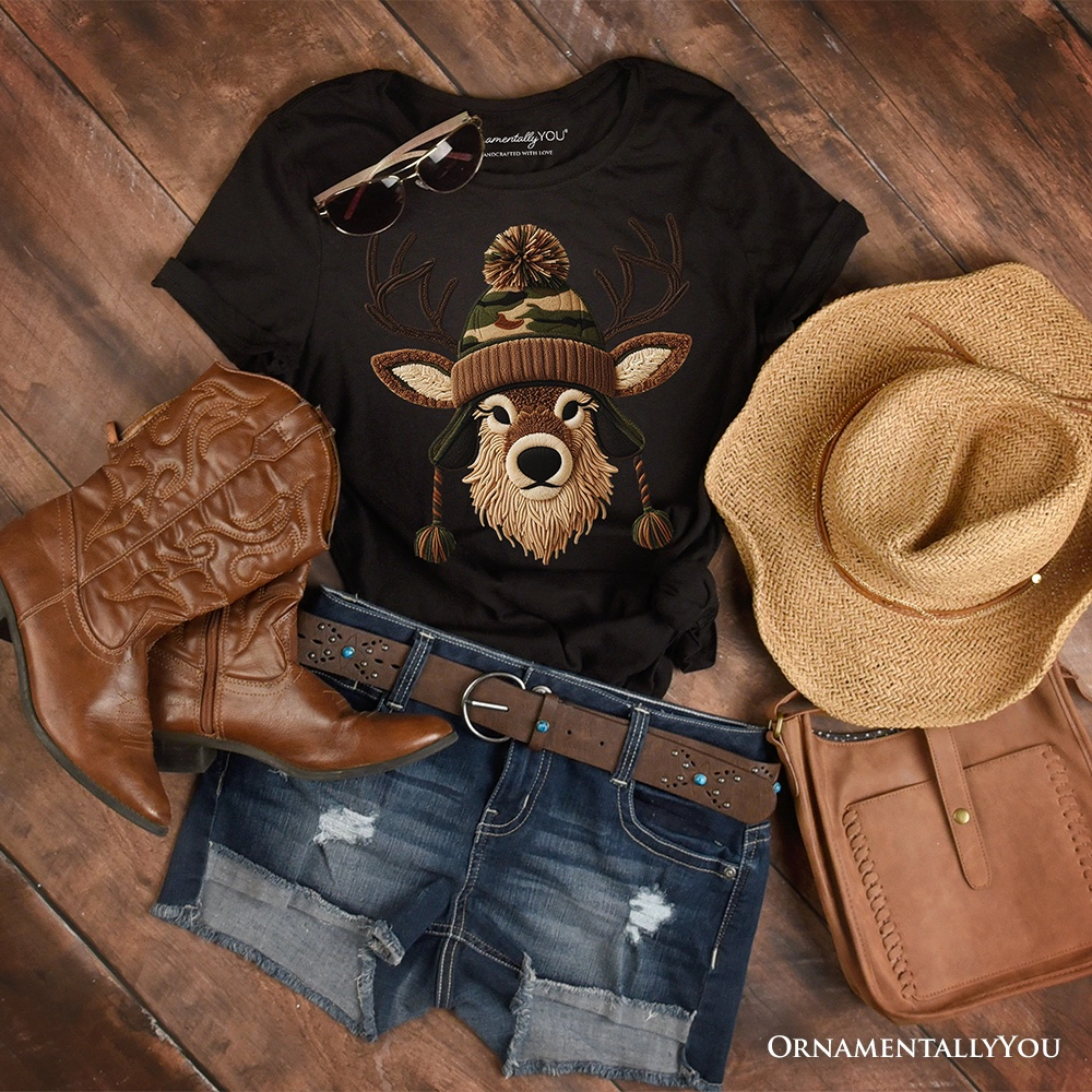 OrnamentallyYou Mens Deer Head Camo Hat Christmas T-Shirt