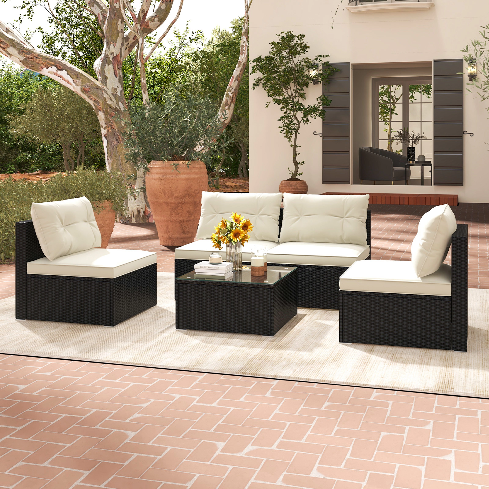 SUGIFT 5-Piece Outdoor Sectional Patio Furniture Set Cushions & Coffee Table 400-lb Chair Capacity Black & Off White