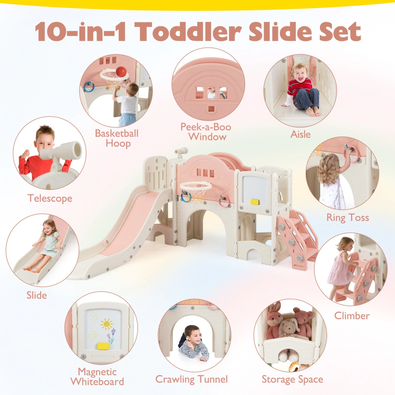 10-in-1 Toddler Slide Climber Playset 60-in Slide Magnetic Whiteboard Basketball Hoop and Crawl Tunnel Ages 3+ Pink