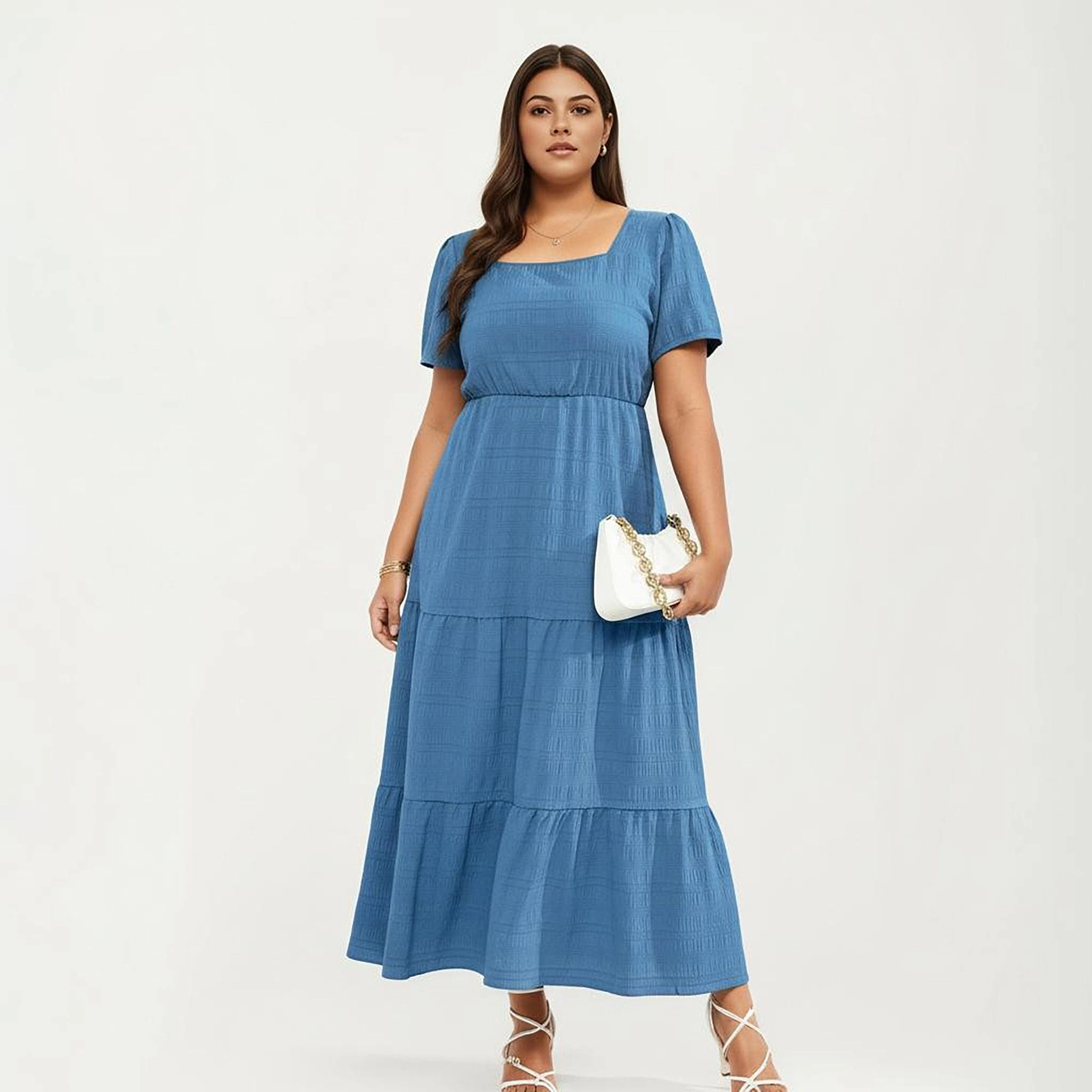 Anna-Kaci Women's Plus Square Neck Tiered Skirt Textured Fabric Flowy A Line Silhouette Maxi Dress