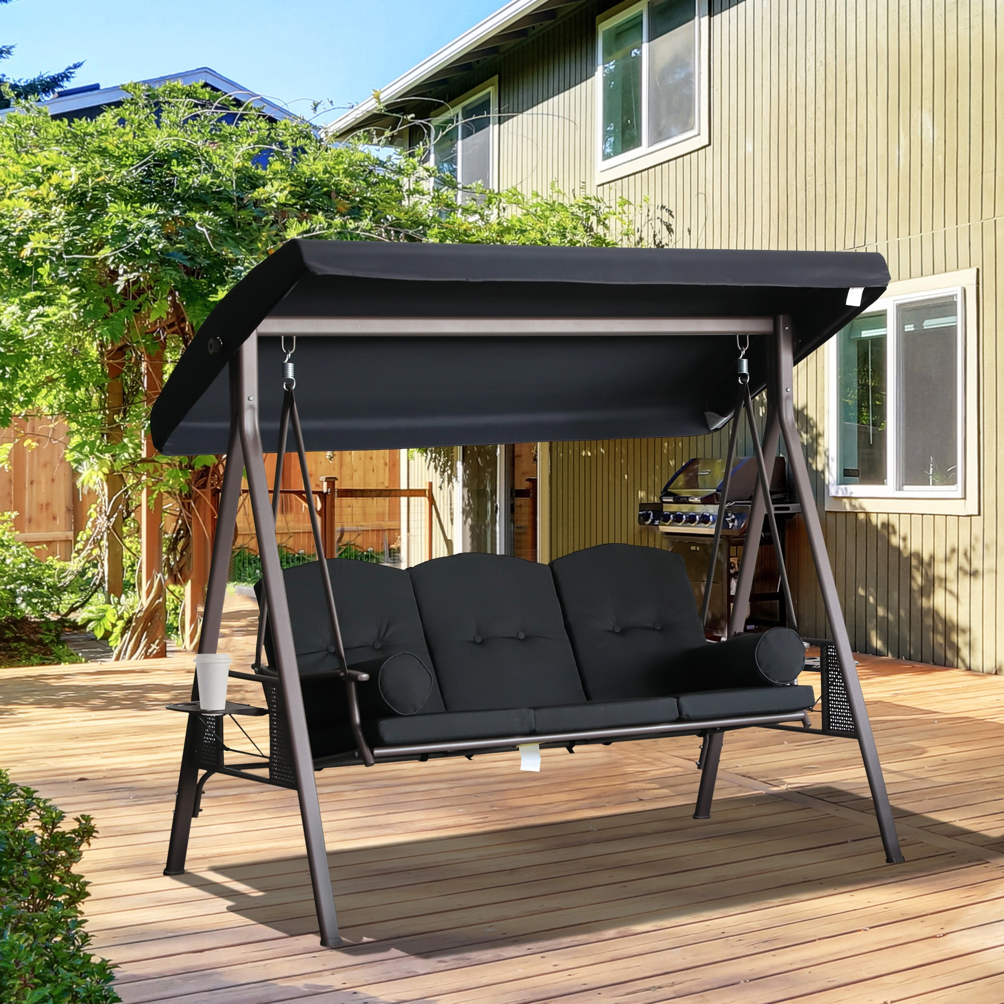HONGGE 3-Seat Patio Swing Chair, Outdoor Porch Swing Glider with Adjustable Canopy, Removable Cushion