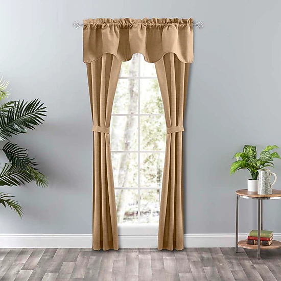 Ellis Curtain Lisa Solid Color Poly 3" Rod Pocket Cotton Duck Fabric Tailored Panel Pair with Ties 56" x 63" Tan