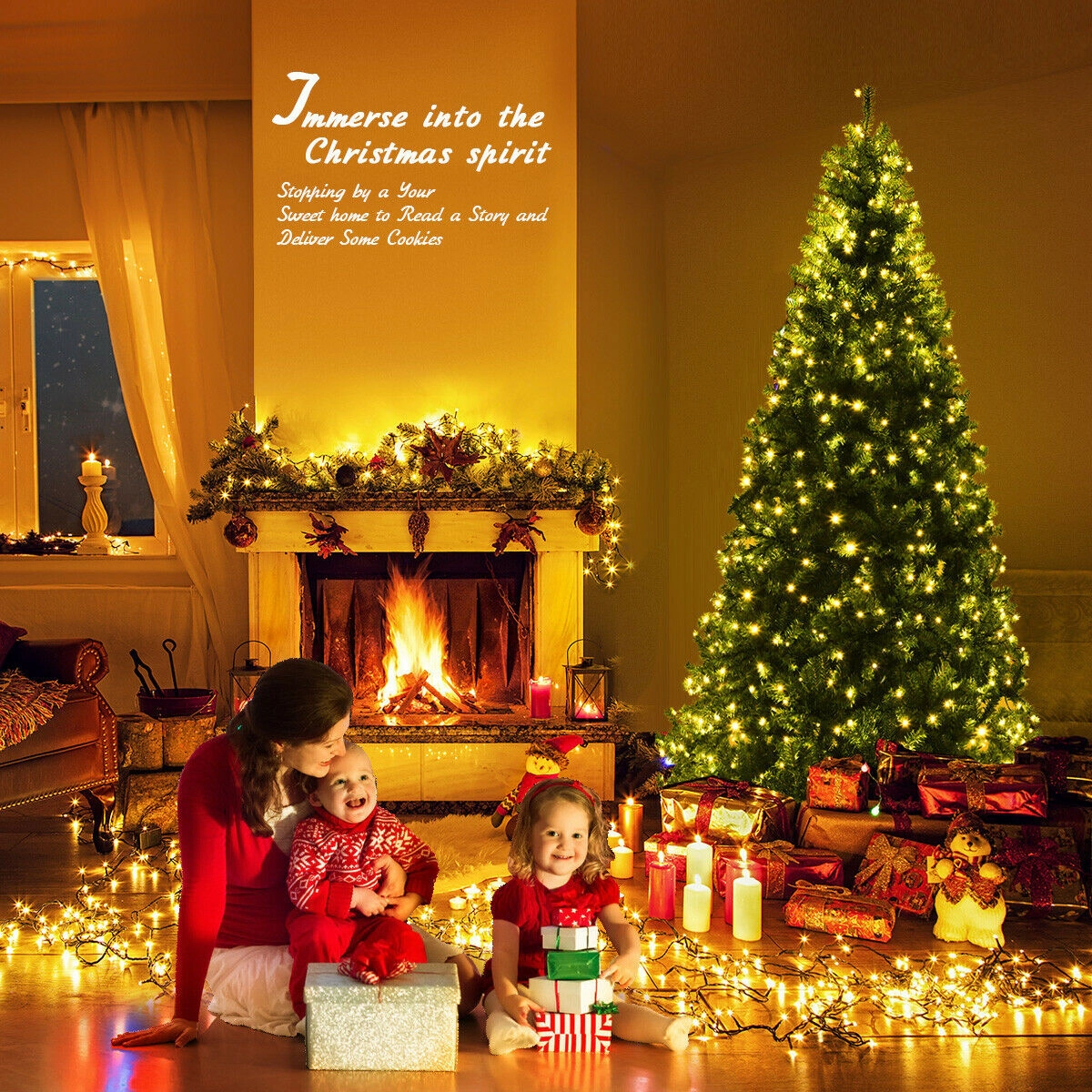 SUGIFT Dense PVC Needle Pre-Lit Hinged Artificial Christmas Tree 7-ft Green with LED Lights and Metal Stand