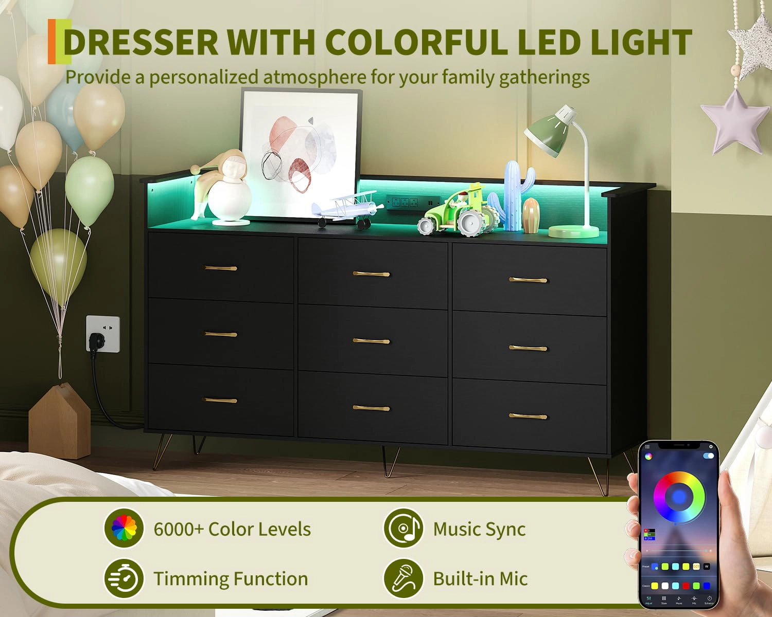 9 Drawer Dresser with App RGB LED Lights & Charging Station, Wood Storage Chest