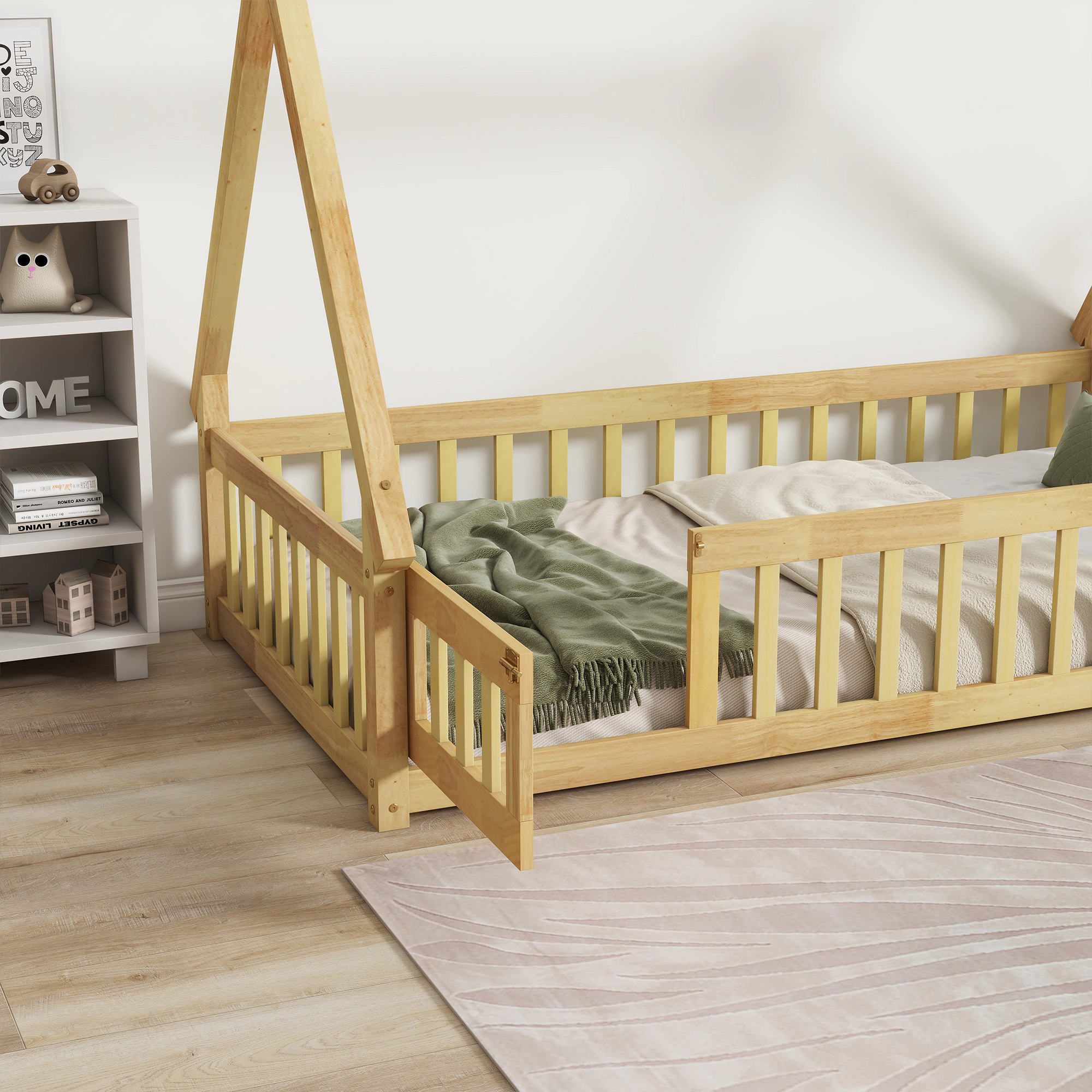 Tinyhomie Twin Tentshaped Floor Bed Teepee with Guardrails Slats and Door Natural