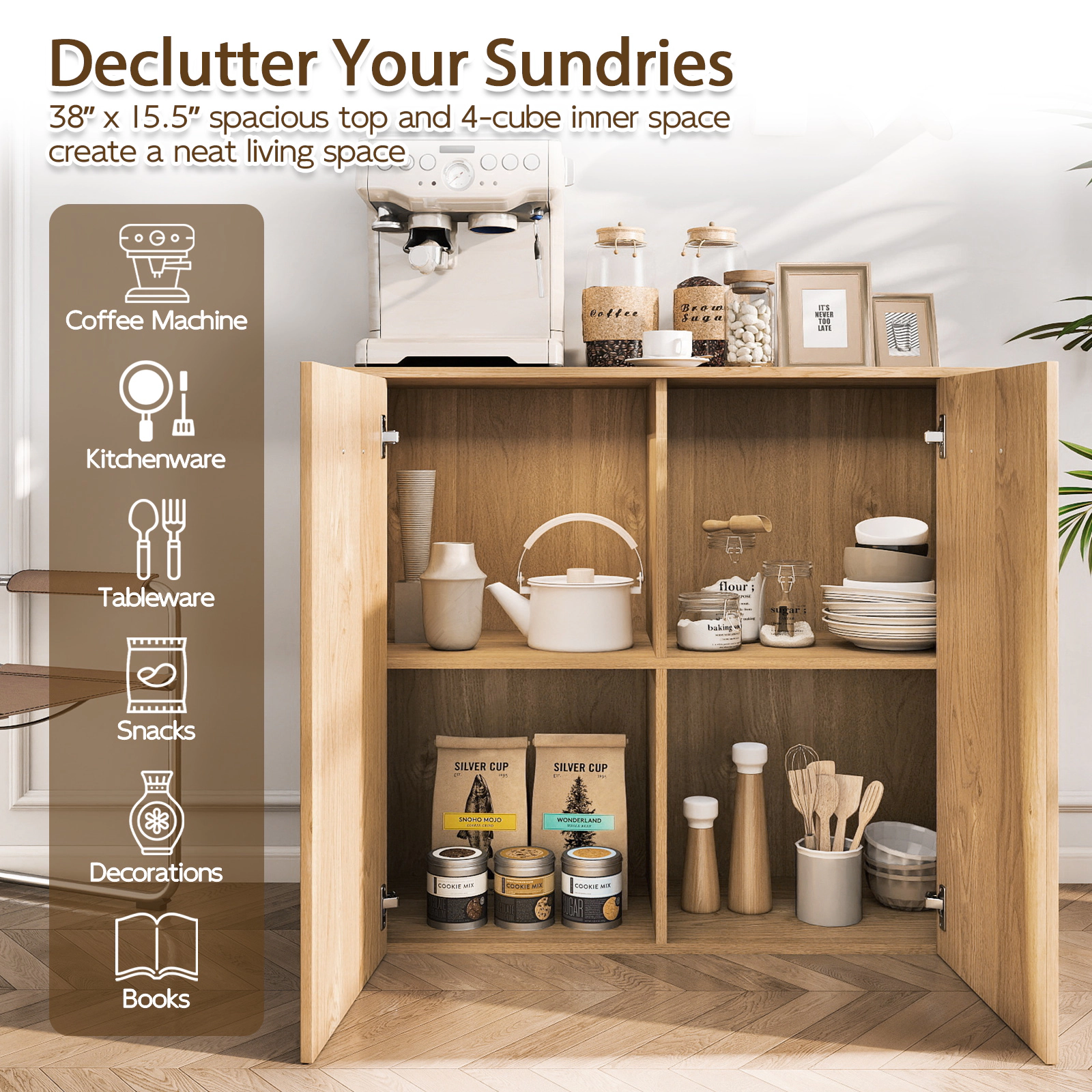 SUGIFT 38-in Sideboard Buffet Storage Cabinet with 4 Cube Shelves and Doors for Kitchen and Entryway