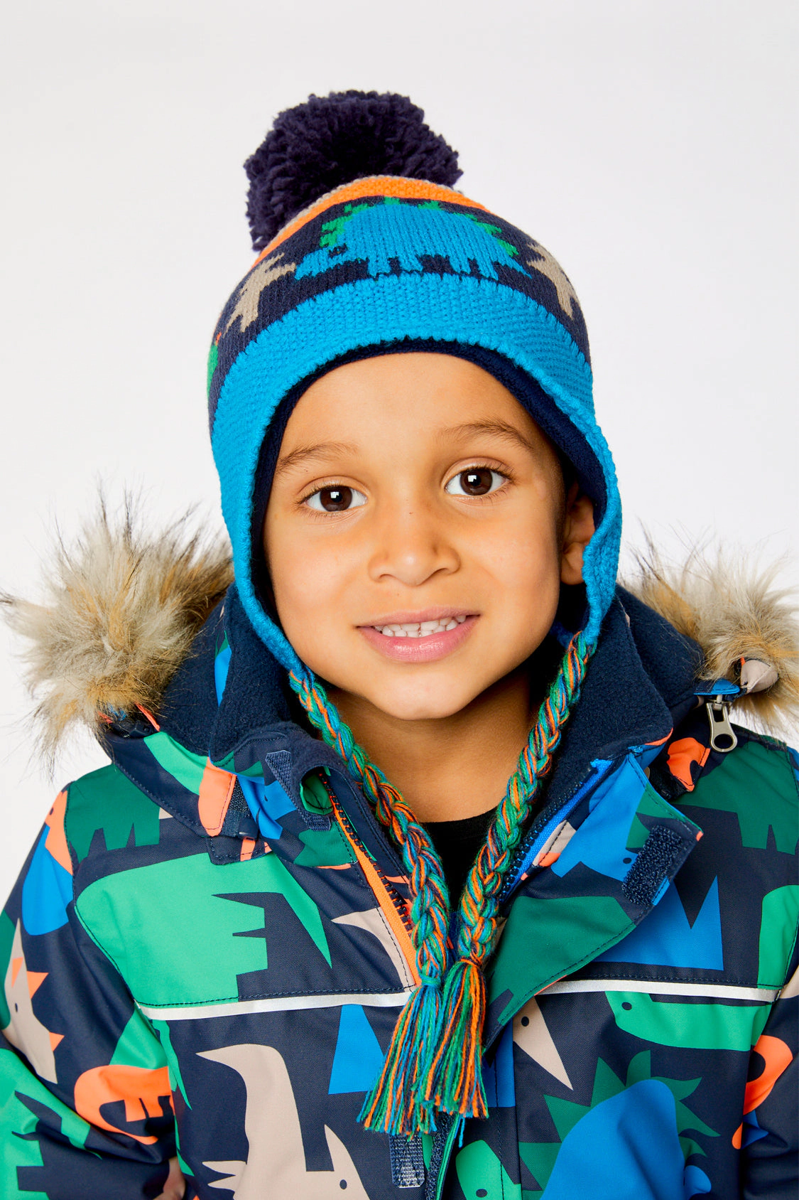 Deux par Boys Dinosaur Print Winter Peruvian Knit Hat with Pompom