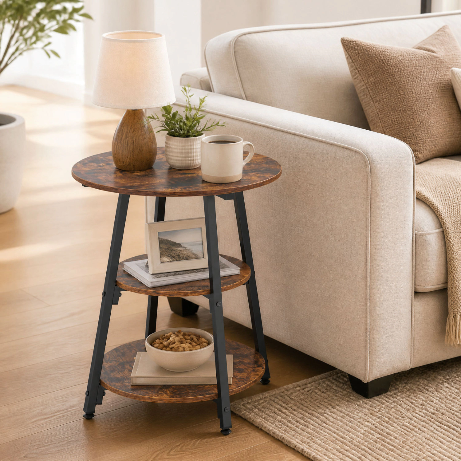 LJG Set of Industrial Side Tables with 3-Tier Shelves & Metal Frame for Small Space