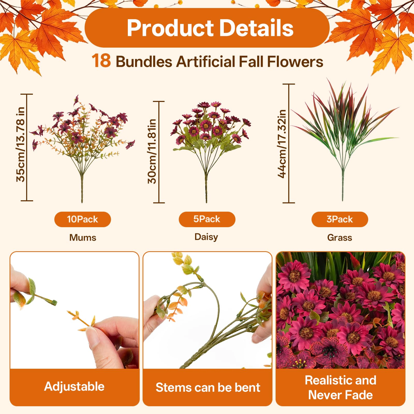 PUPWE 18 Artificial Fall Flowers For Outdoor  Uv Resistant Mums & Grass