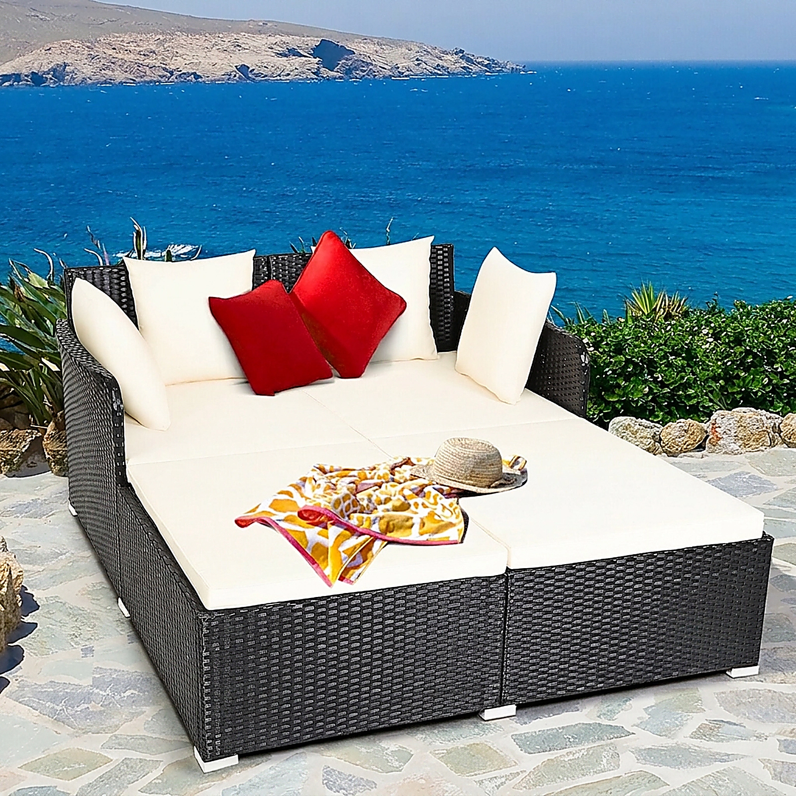SUGIFT White 2-Person Outdoor Rattan Daybed with 800-lb Capacity and Cushions