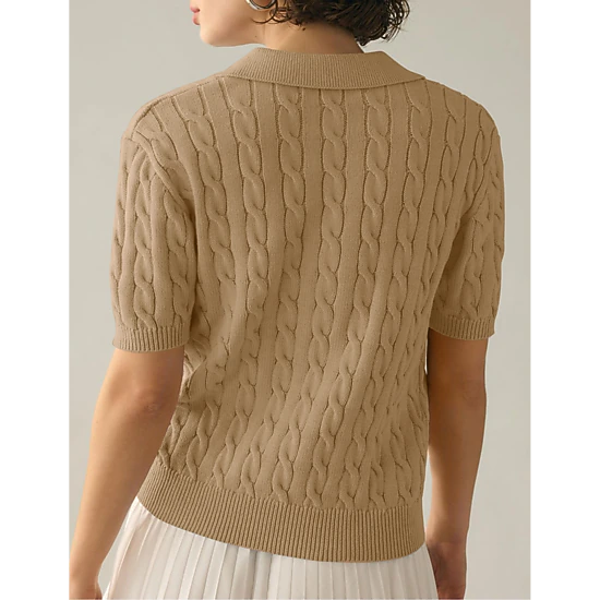 KOJOOIN Women's Cable Short Sleeve Sweaters Tops Lapel V Neck Knit Shirt Fall Outfits