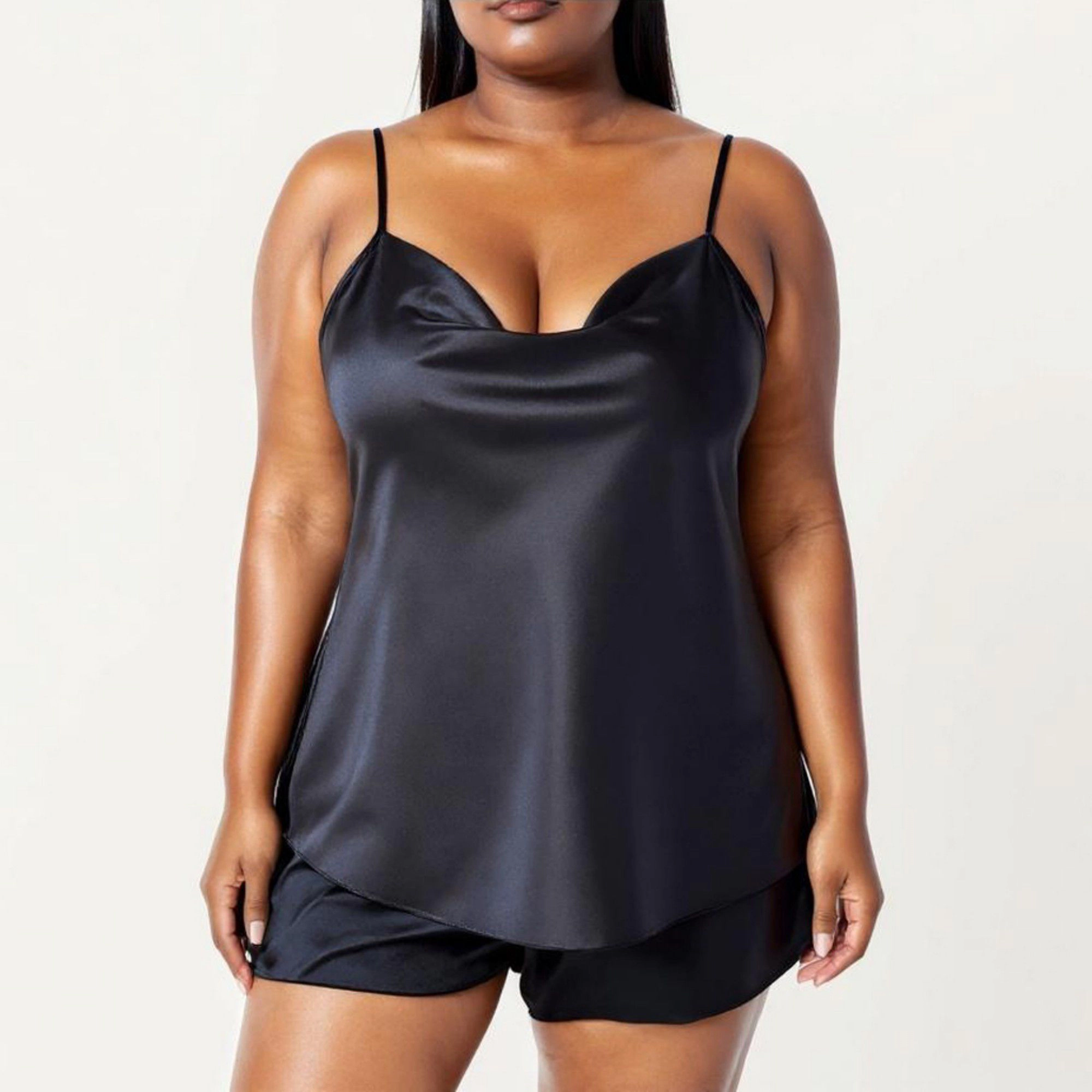 Anna-Kaci Women's 2-Piece Satin Cami and Shorts Set with Draped Neckline Silky Fabric Lightweight Relaxed Fit