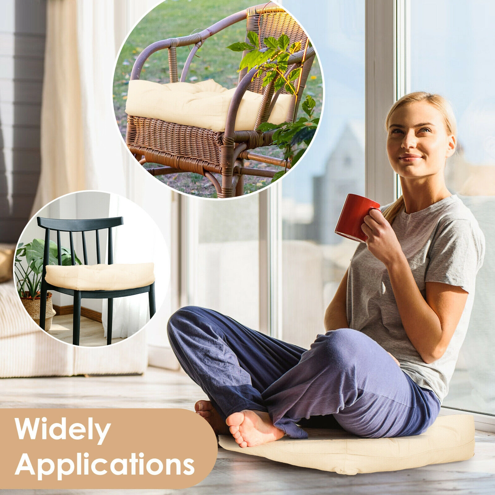 SUGIFT 2-Pack 21-in x 21-in Beige Waterproof Outdoor Patio Chair Seat Cushion Pads with Sun Protection